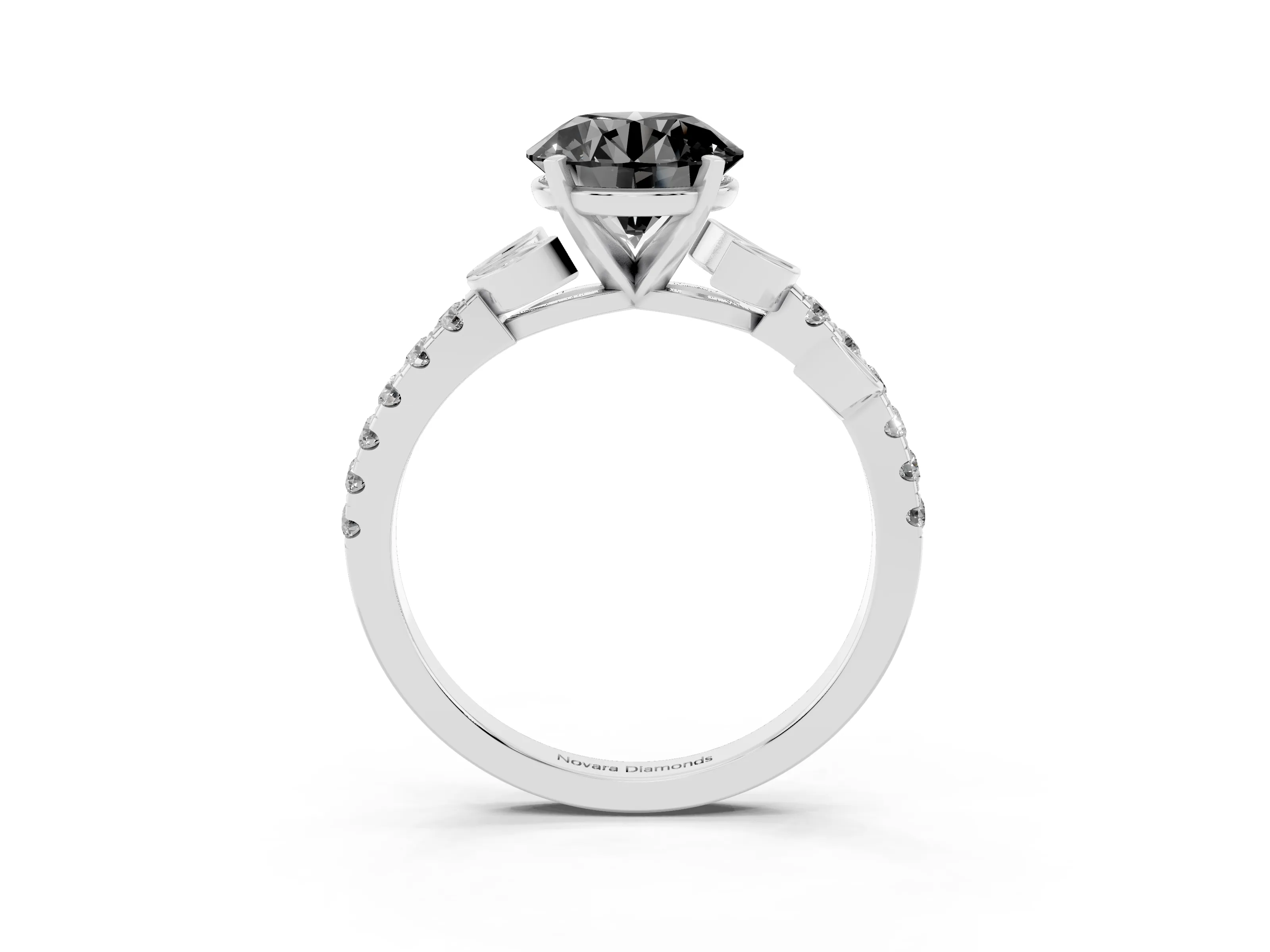 Fancy Black Round Cut Diamond Solitaire Leaf-Inspired Ring Set in White gold with Pavé Band and Prong Setting
