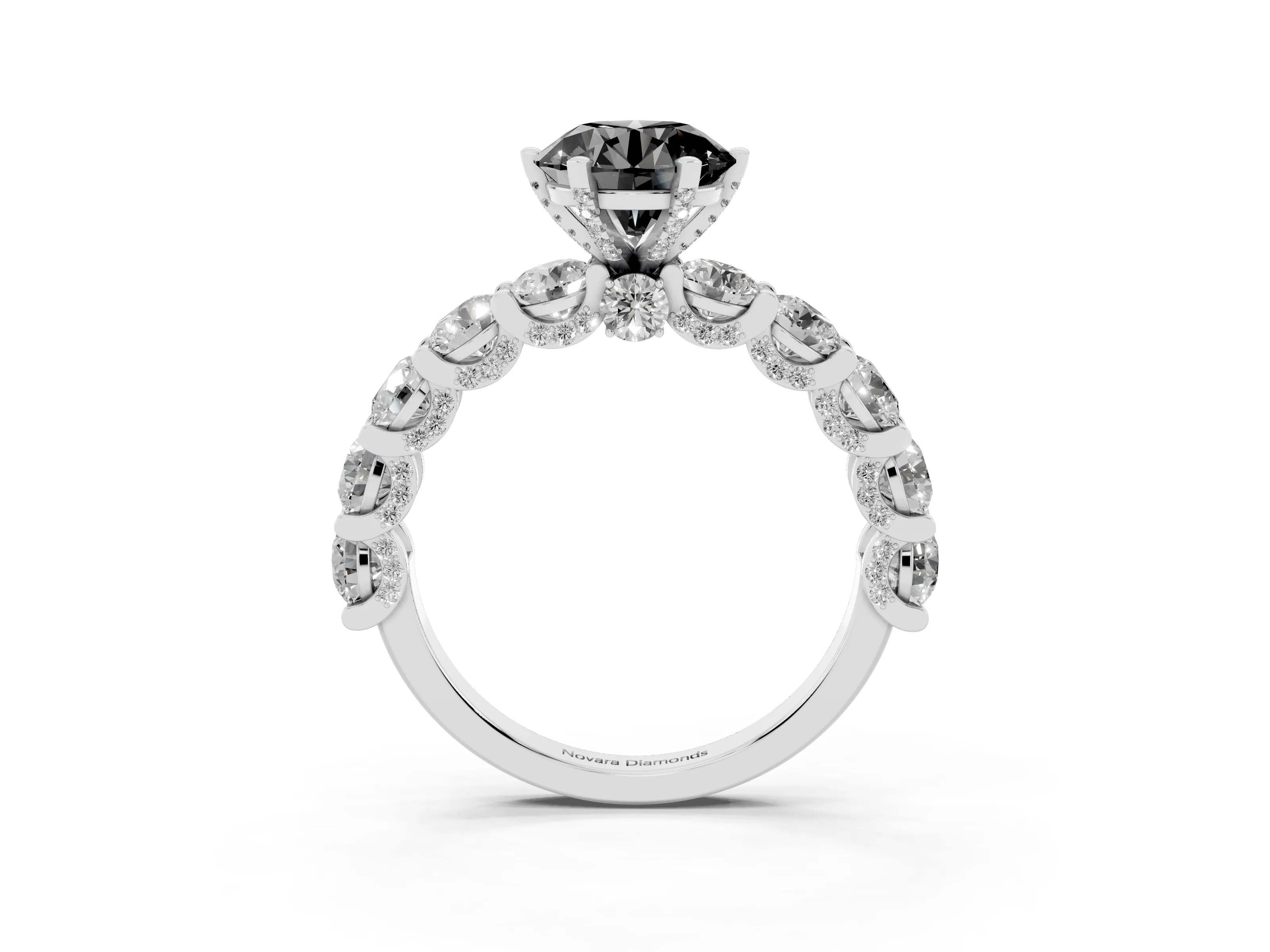 Fancy Black Round Cut Diamond Side Stone Ring Set in White gold with Alternating Round and Oval Side Stones