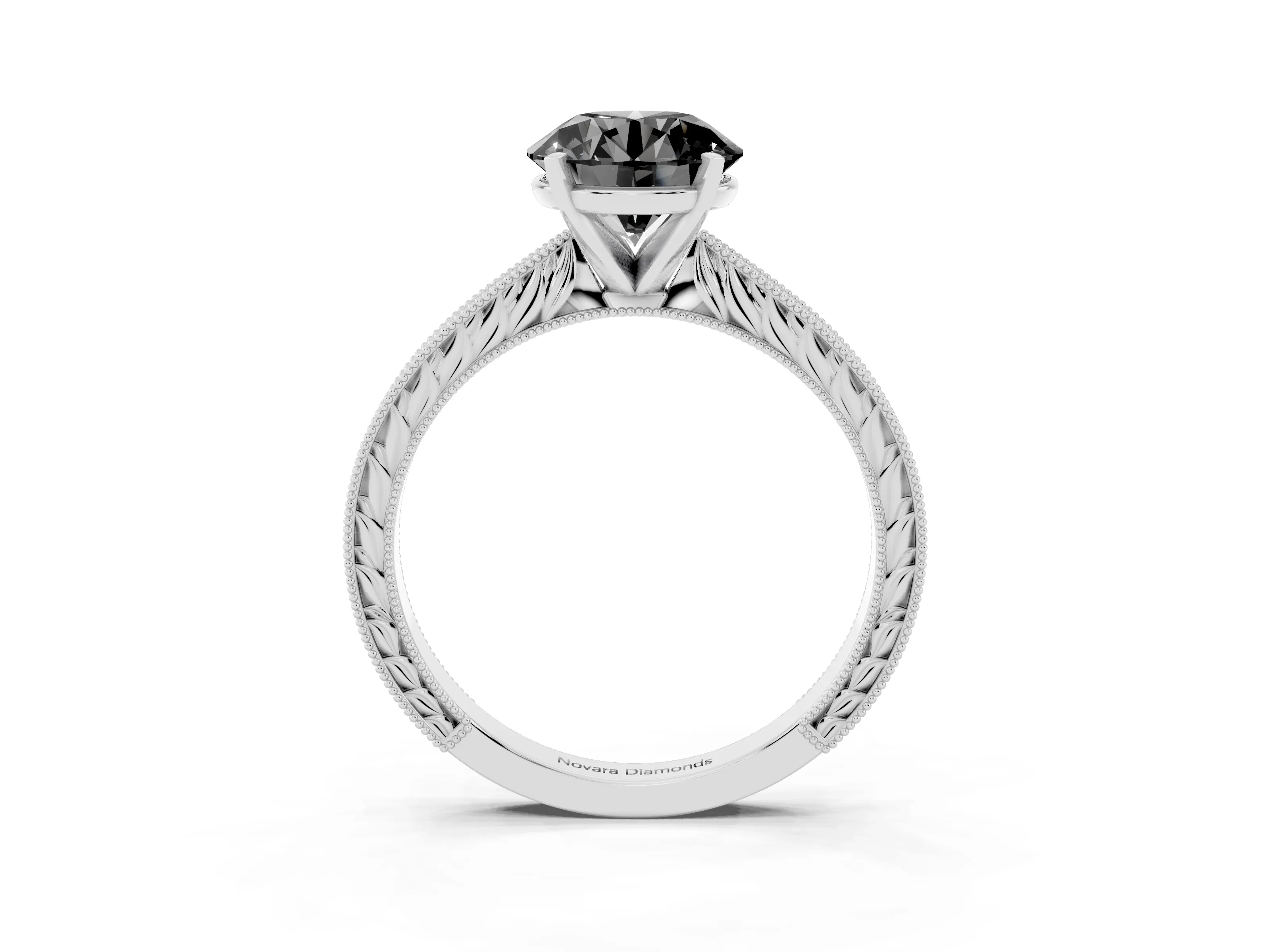 Fancy Black Round Cut Diamond Solitaire Milgrain Engraved Band Set in Silver with Prong Setting