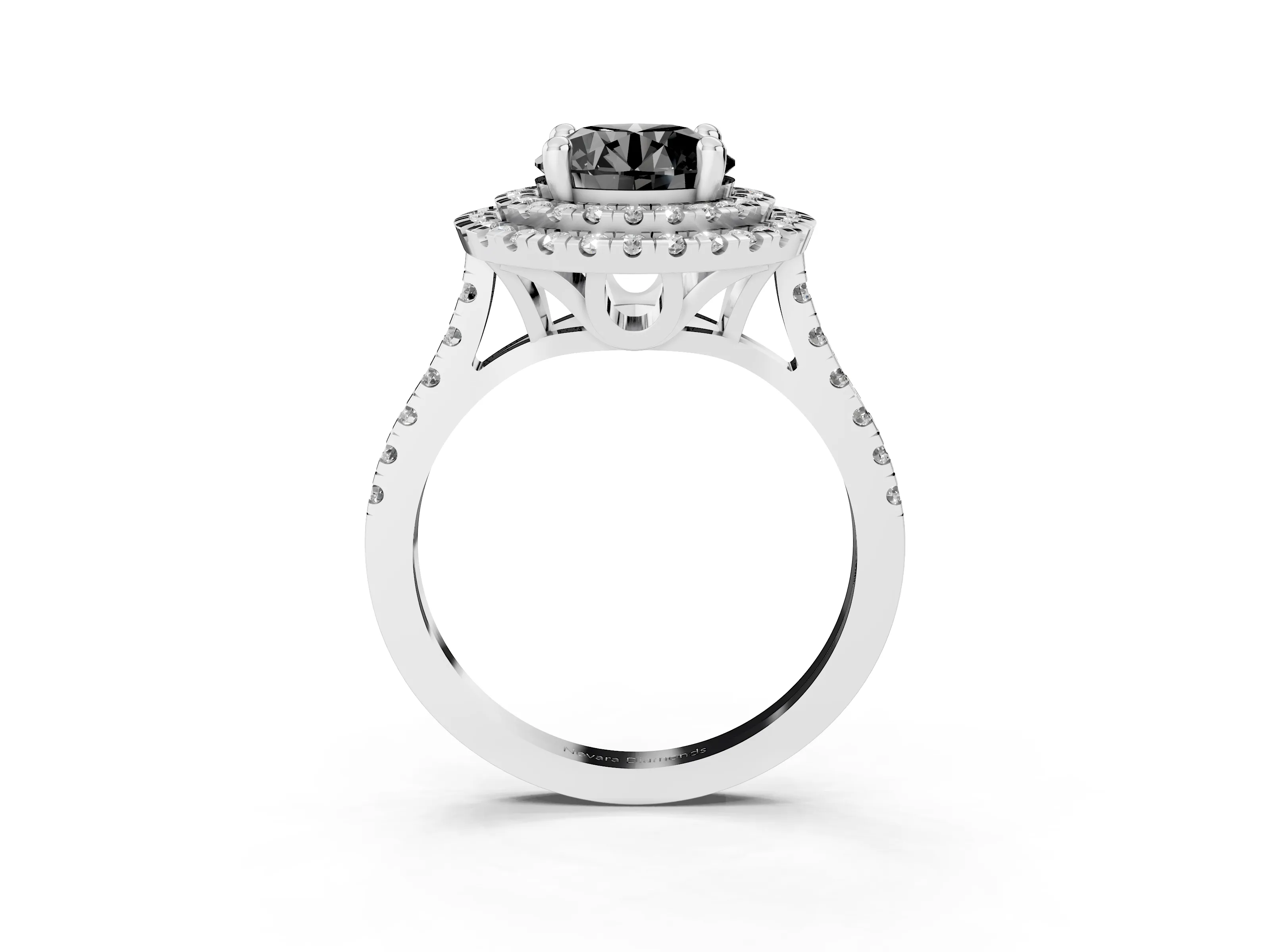 Fancy Black Round Cut Diamond Double Halo Statement Ring Set in Silver with Pavé Band