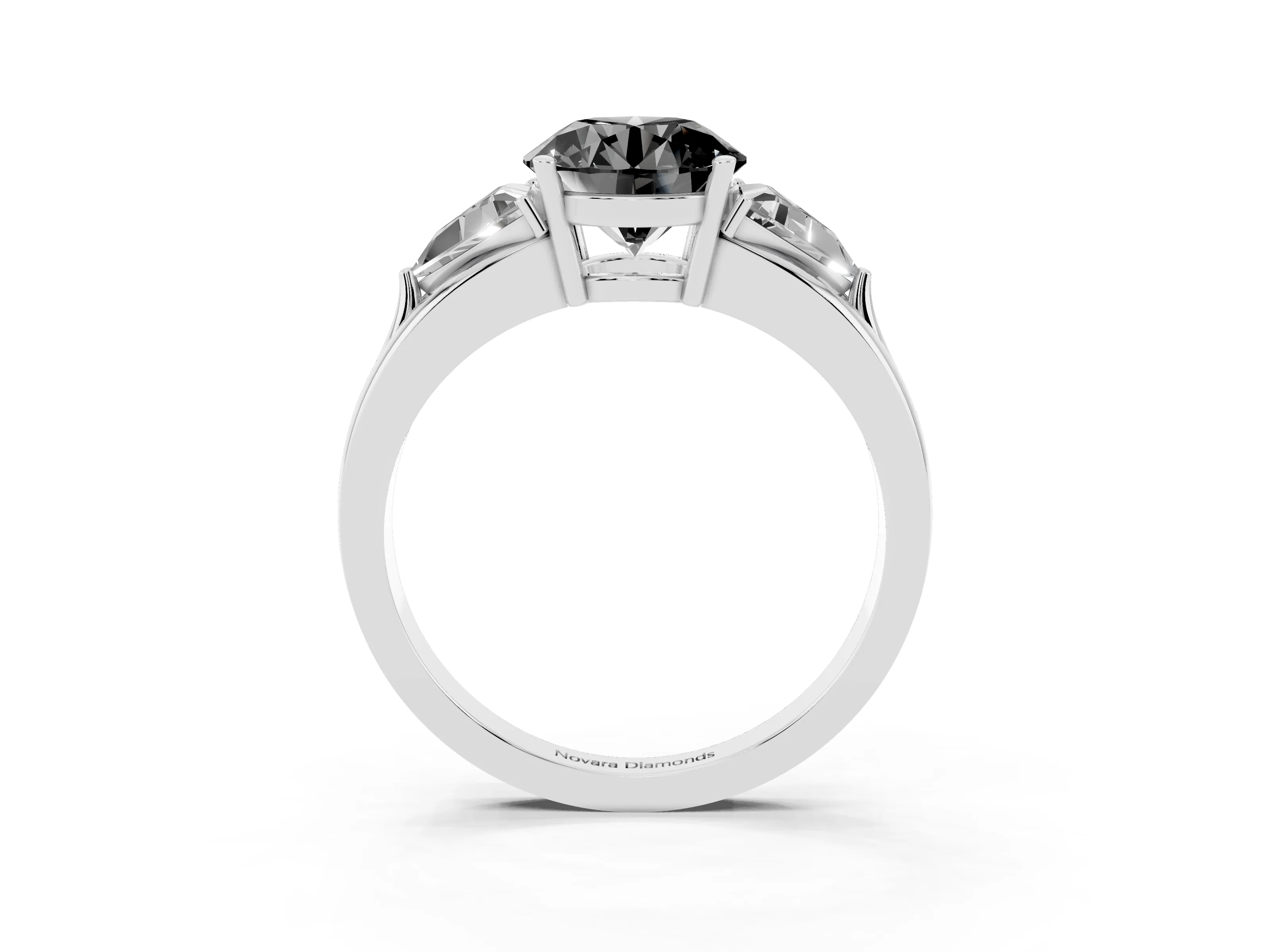 Fancy Black Round Cut Diamond Three-Stone Ring Set in Silver with Trillion Side Stones and Split Shank