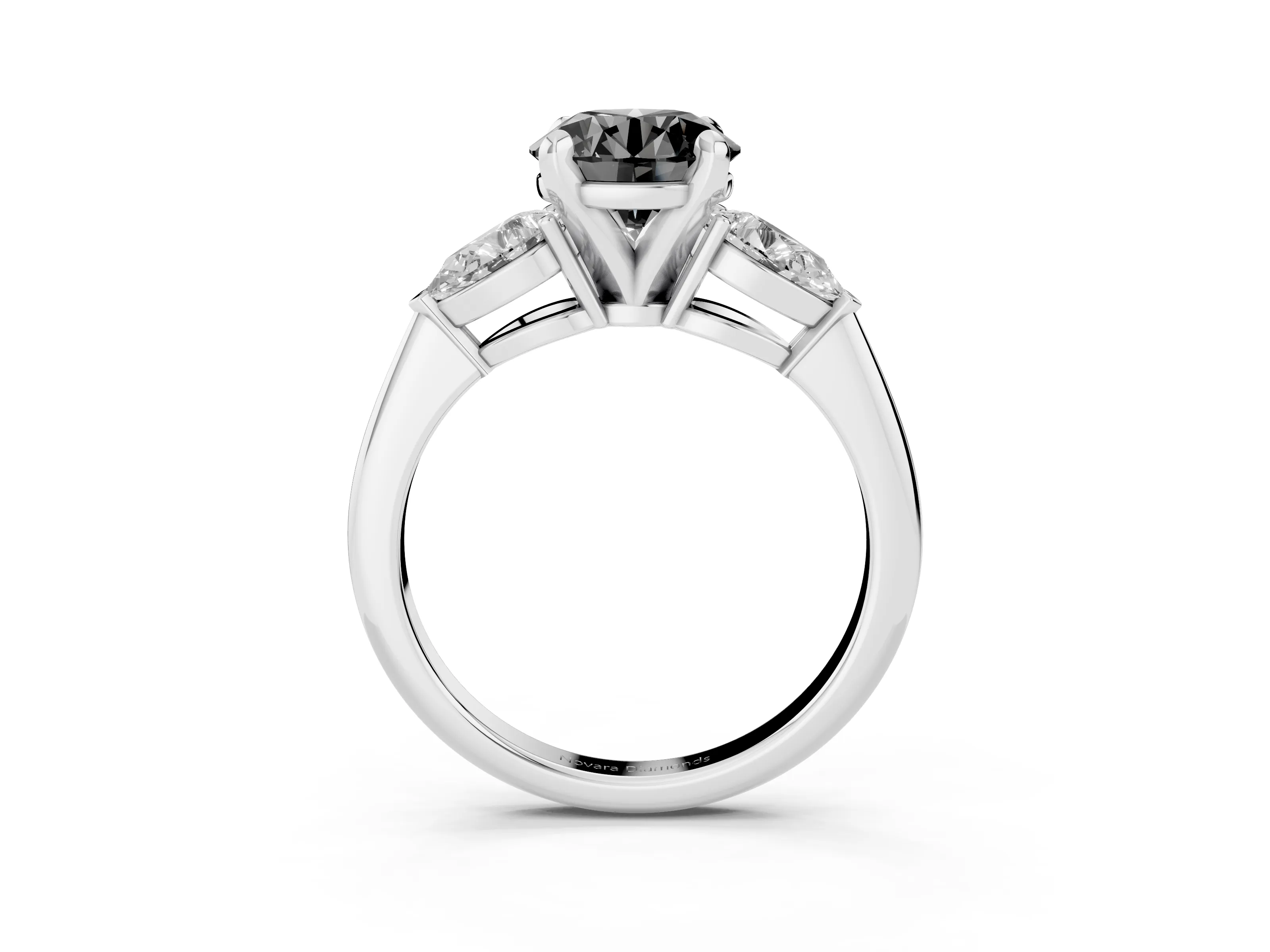 Fancy Black Three-Stone Round Cut Diamond Ring Set in Silver with Pear Side Stones and Prong Setting