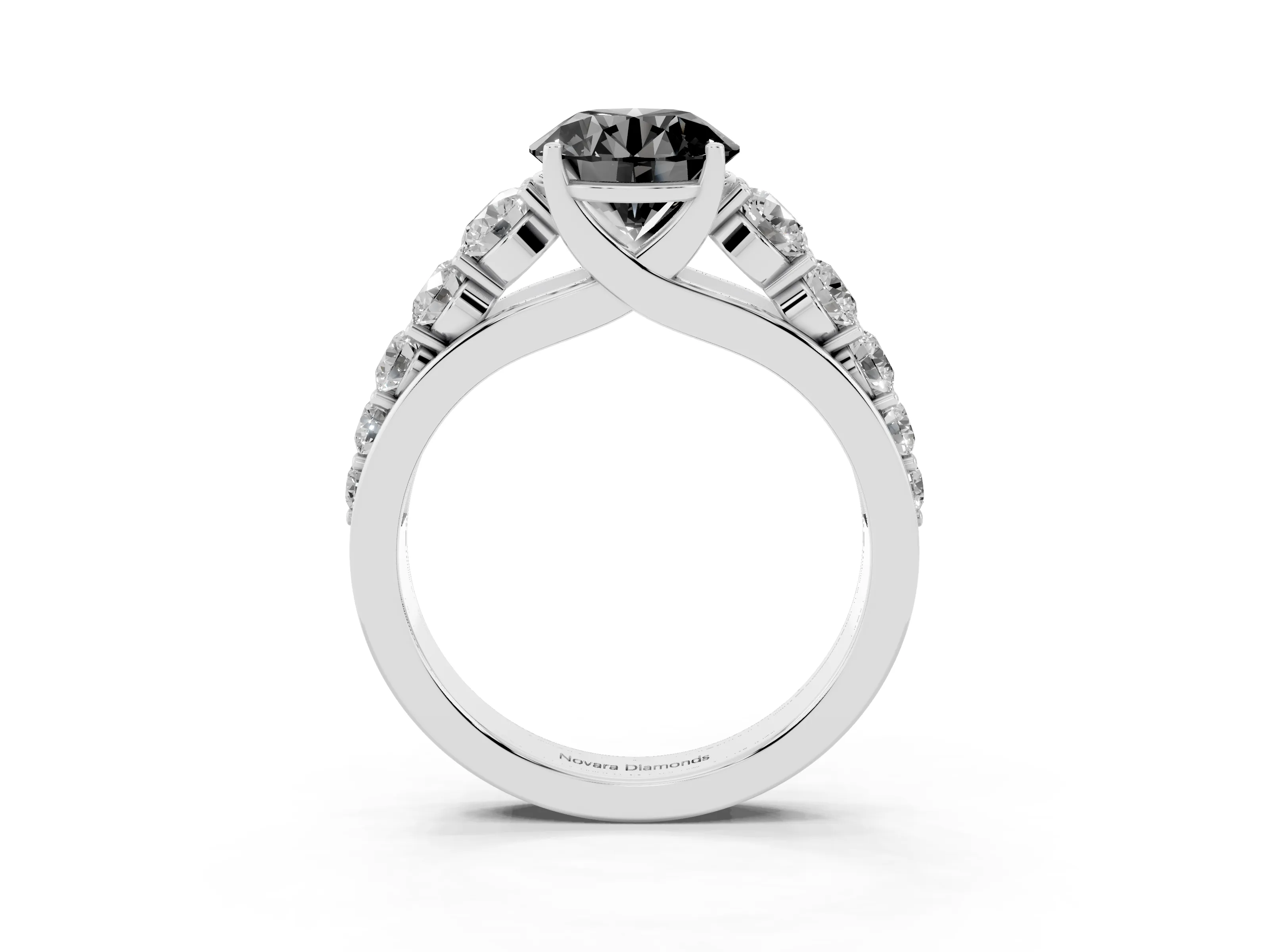 Fancy Black Round Cut Diamond Solitaire Ring Set in Silver with Pavé-Set Band and Prong Setting