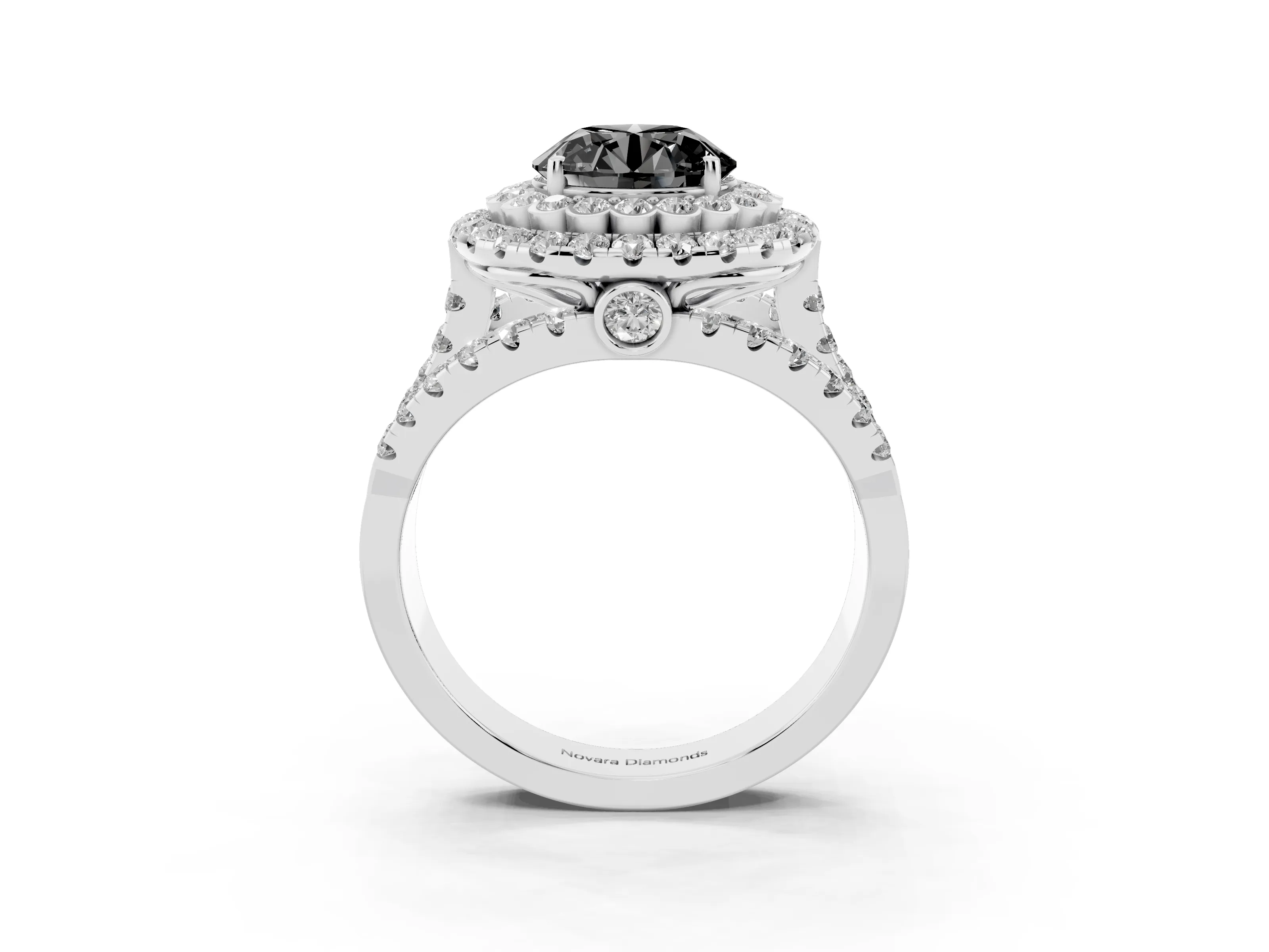 Fancy Black Round Cut Diamond Double Halo Ring Set in White gold with Round Pavé Split Shank