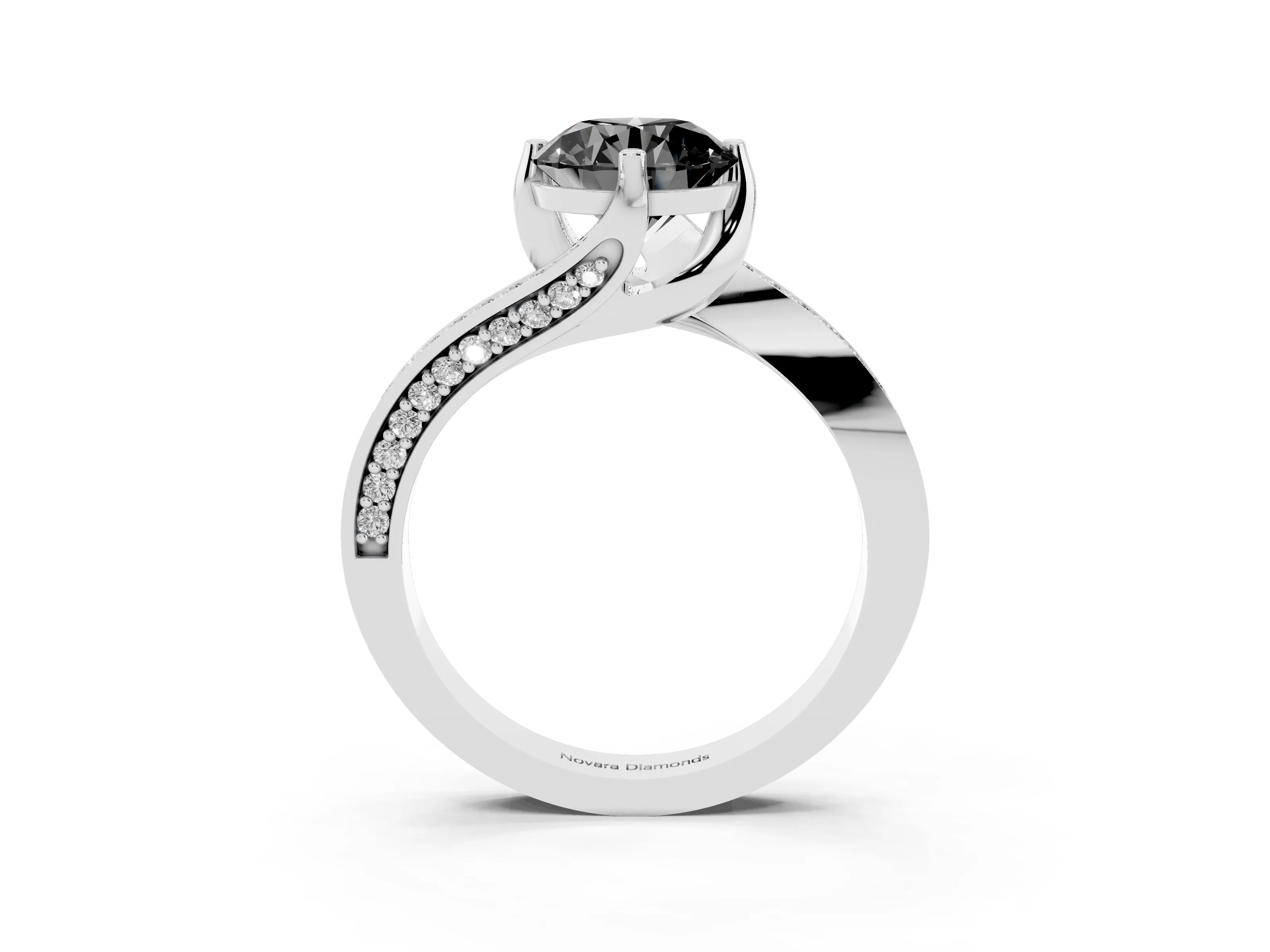 Fancy Black Round Cut Diamond Solitaire Ring Set in White gold with Intertwined Pavé Twist Band