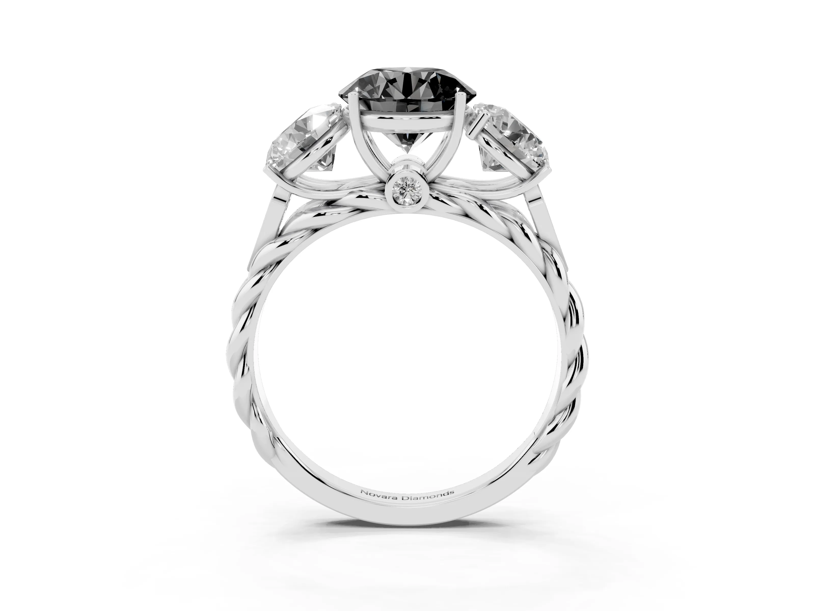 Fancy Black Round Cut Diamond Three-Stone Ring Set in Silver with Braided Band