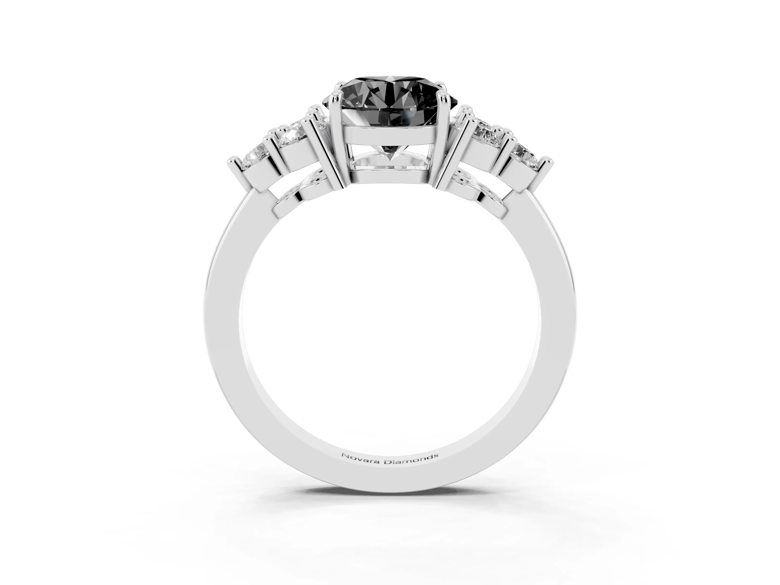 Fancy Black Round Cut Diamond Solitaire Ring Set in Silver with Cluster Accents on Each Side