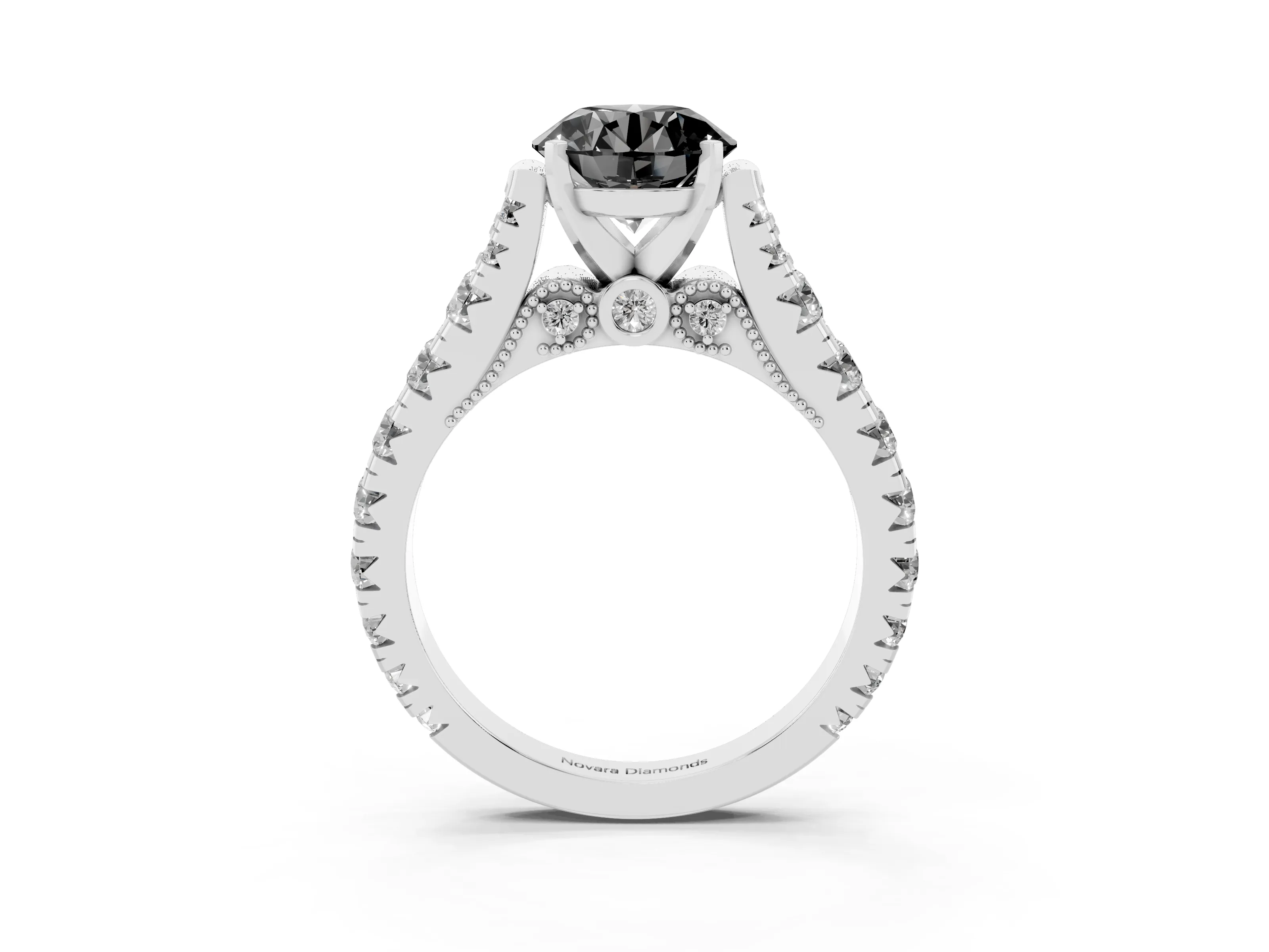 Fancy Black Round Cut Diamond Classic Solitaire Ring Set in Platinum with Pavé Band and Prong Setting