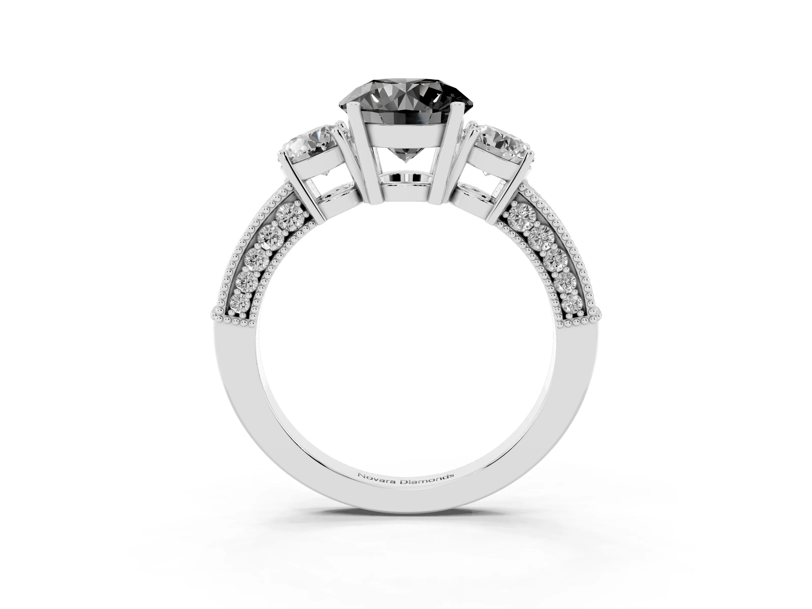 Fancy Black Round Cut Diamond Three-Stone Ring Set in Platinum with Round Side Stones and Pavé Band