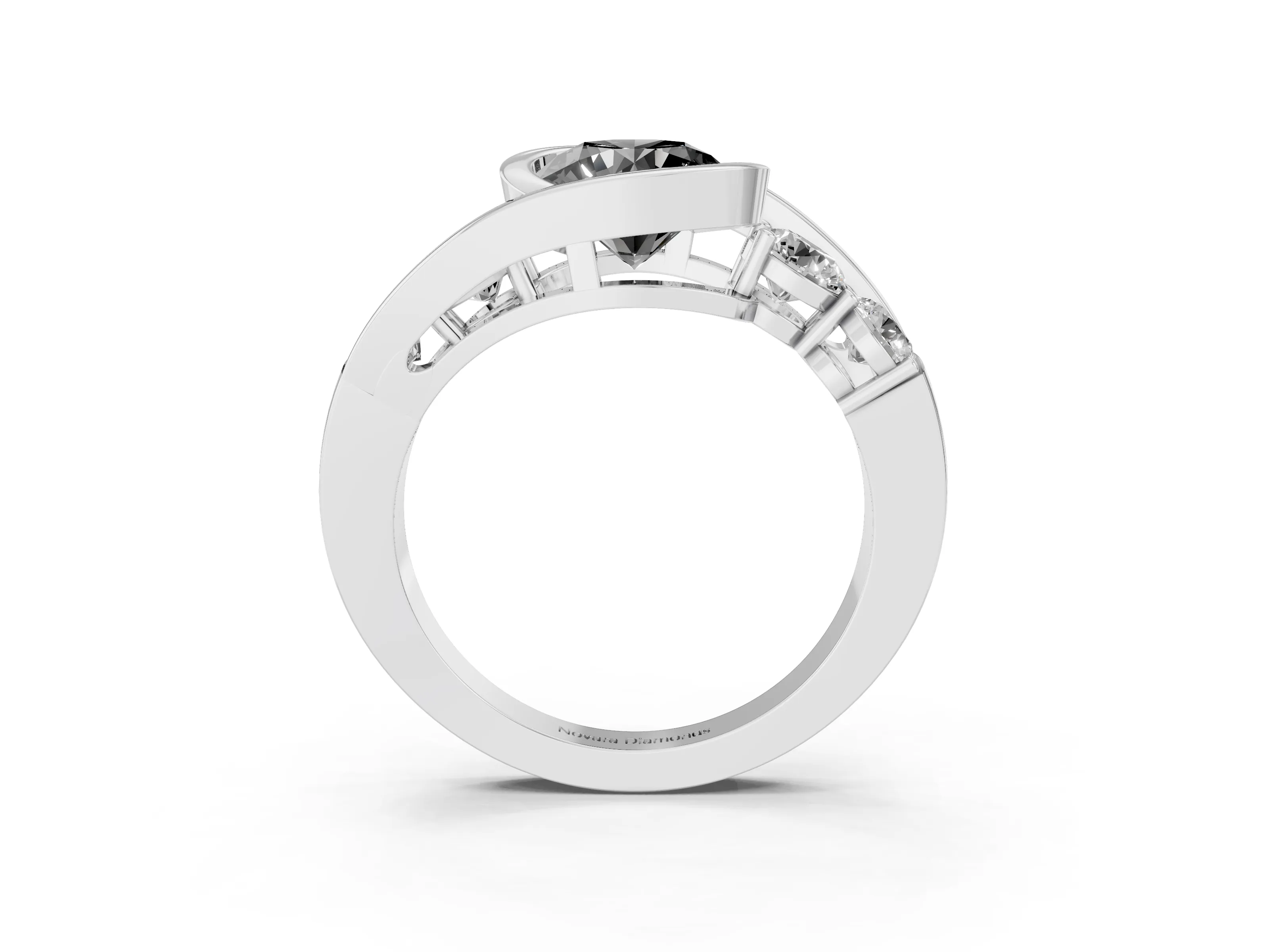 Fancy Black Round Cut Diamond Bezel Bypass Ring Set in Platinum with Round Accents