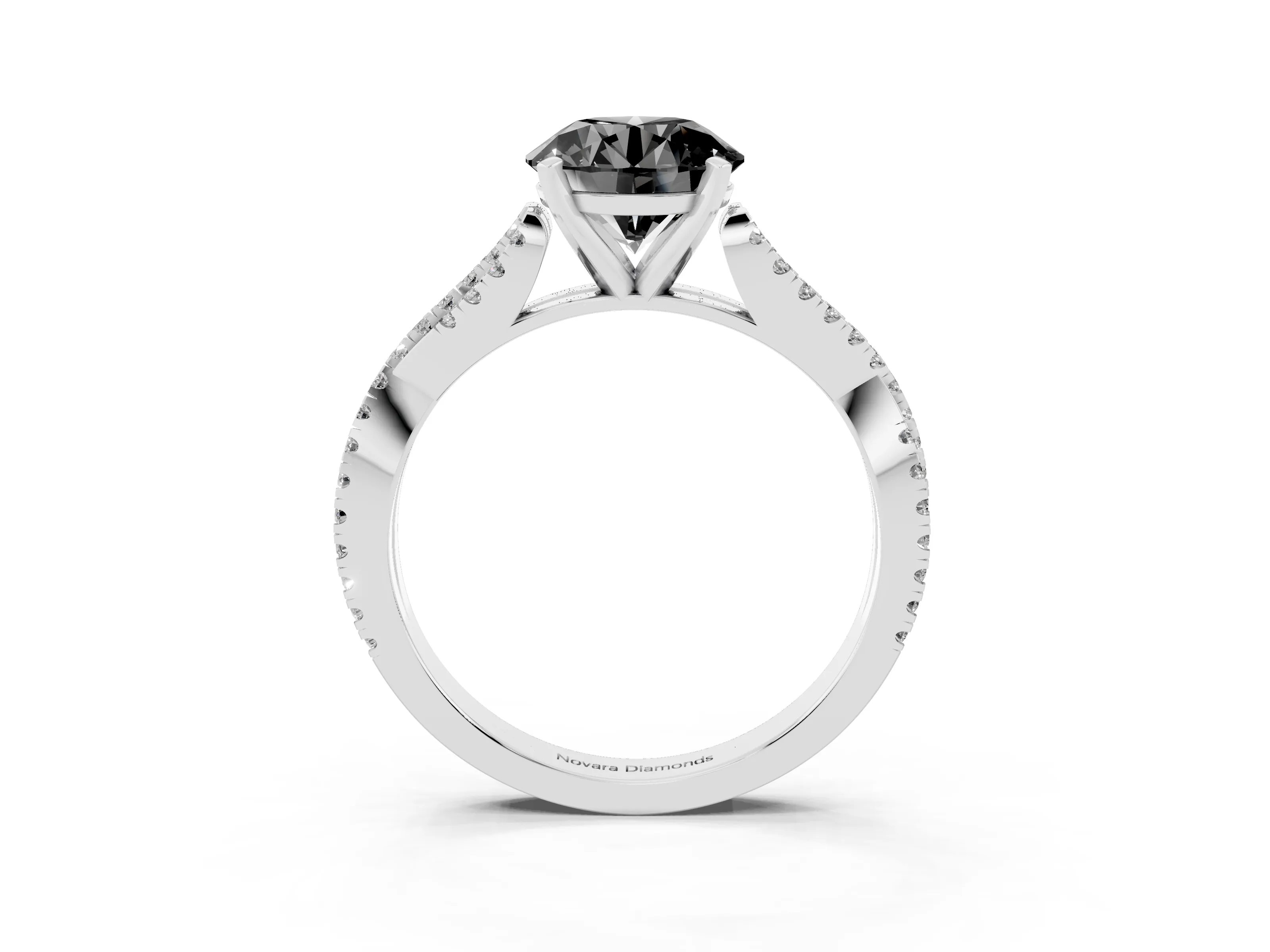 Fancy Black Round Cut Diamond Solitaire Engagement Ring Set in White gold with Twisted Pavé Band and Prong Setting