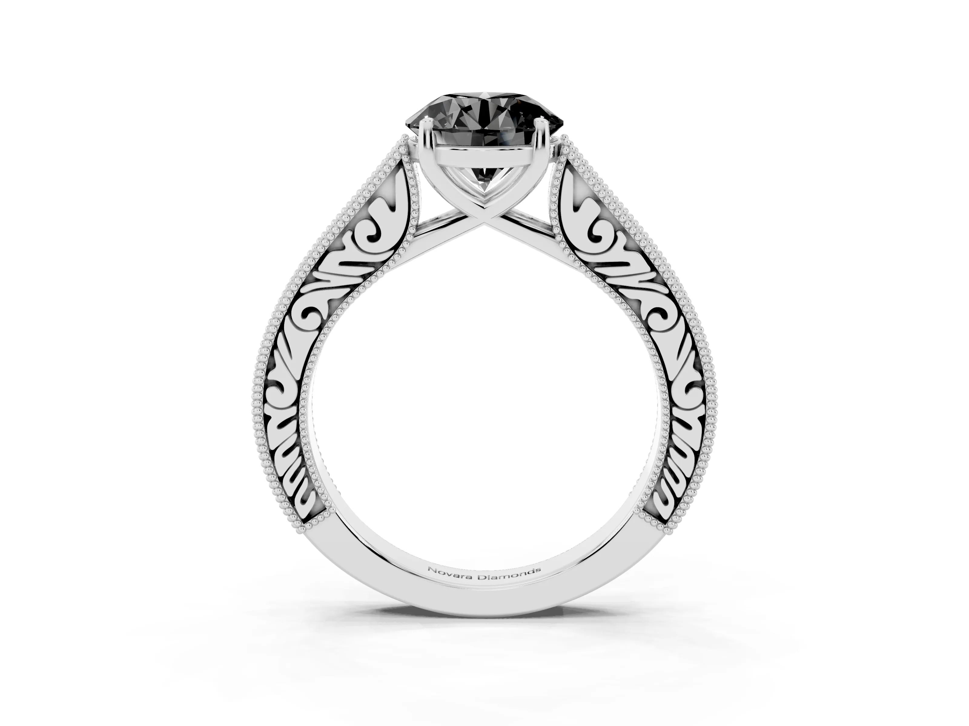 Fancy Black Round Cut Diamond Milgrain Pavé Band Solitaire Ring Set in Platinum with Prong Setting
