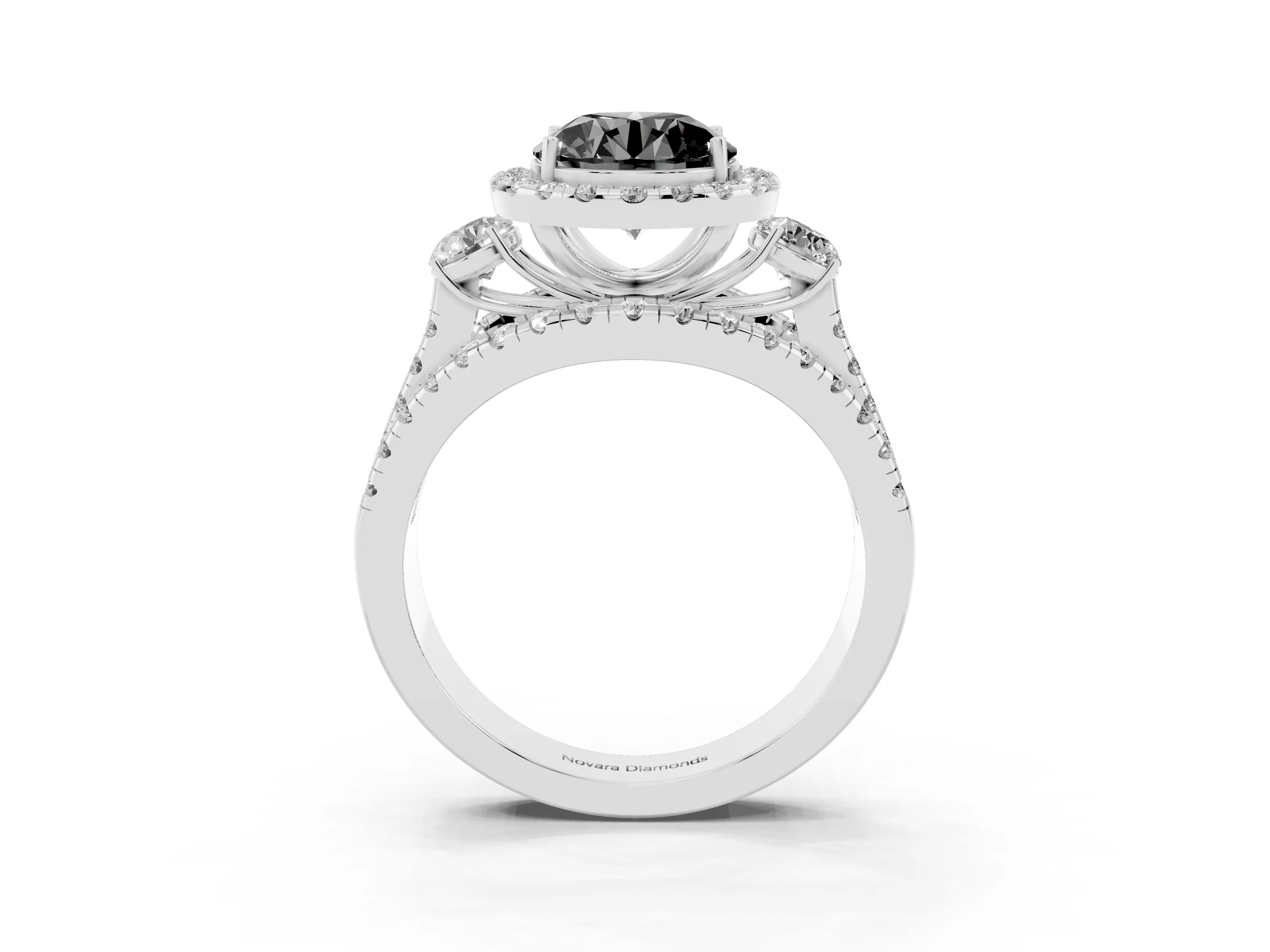 Fancy Black Round Cut Diamond Halo Split Shank Ring Set in Silver with Round Accent Stones and Prong Setting