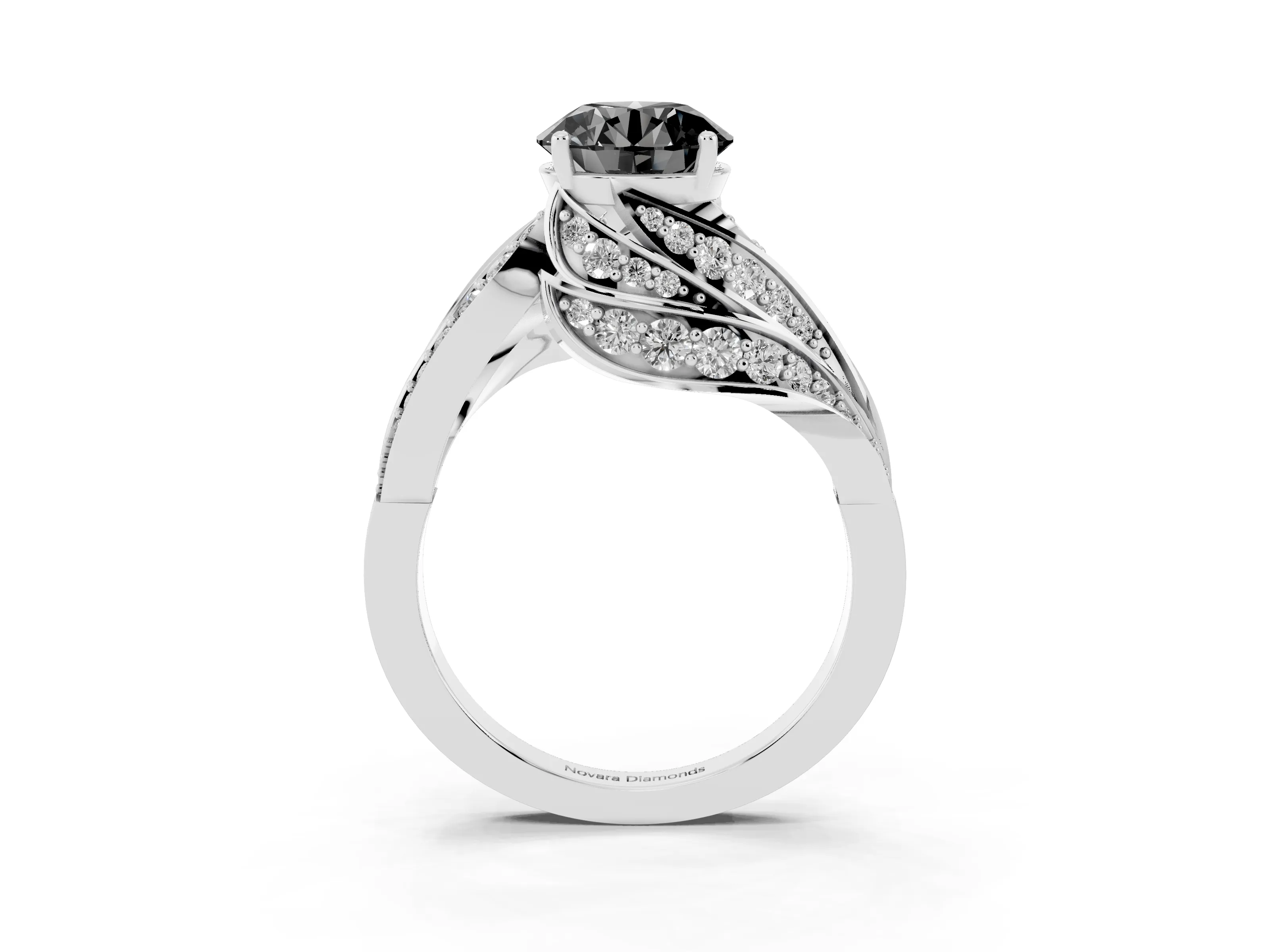 Fancy Black Round Cut Diamond Solitaire Ring Set in Silver with Layered Twist Pavé Band