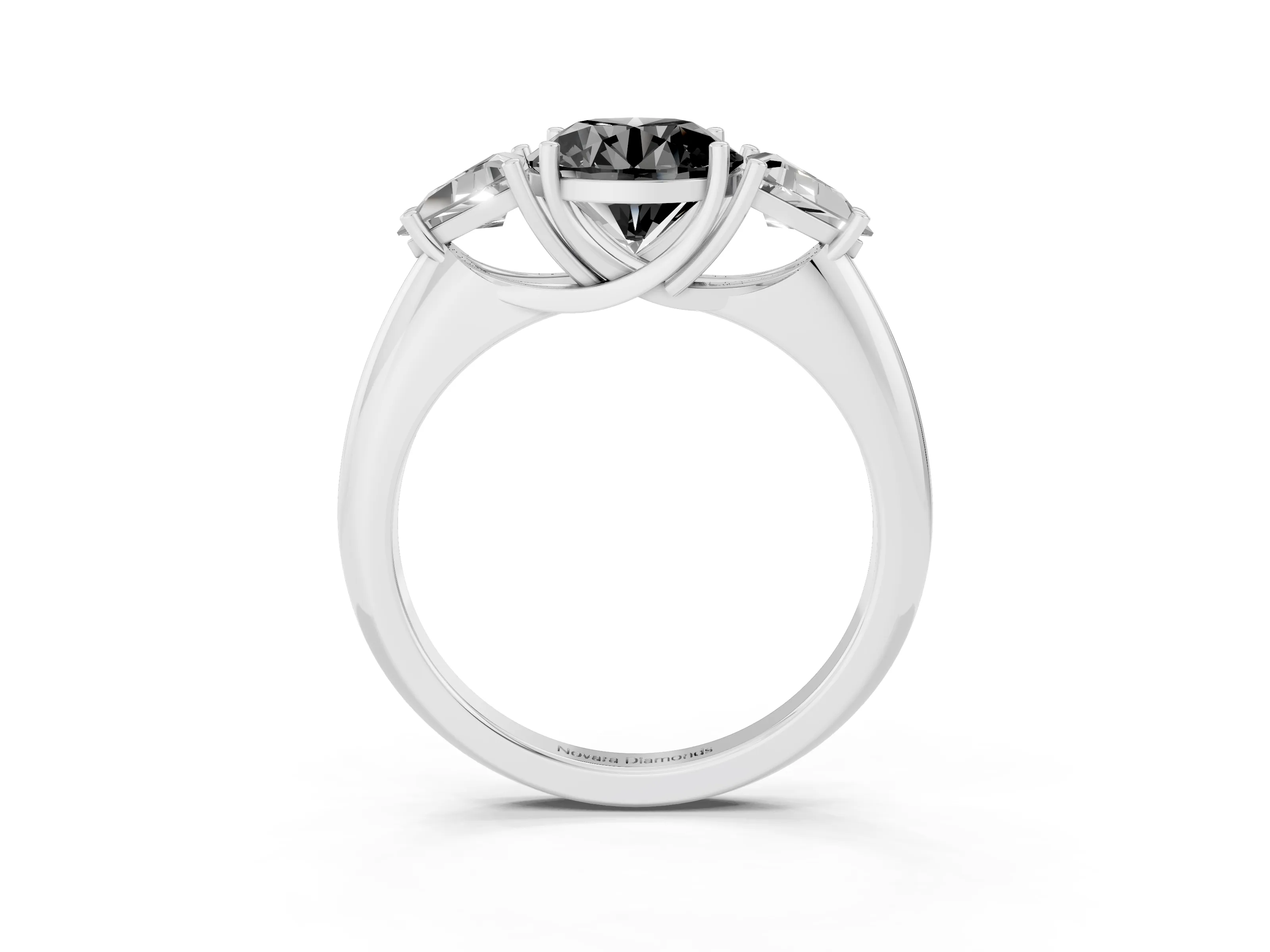 Fancy Black Round Cut Diamond Three-Stone Engagement Ring Set in Silver with Trillion Side Stones