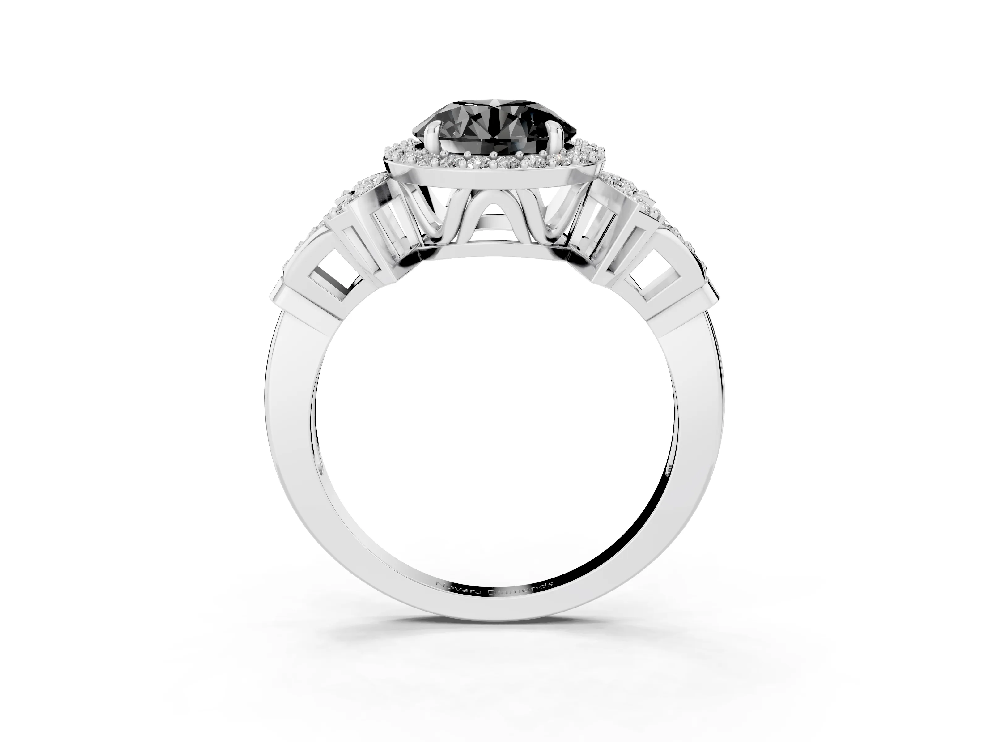 Fancy Black Round Cut Diamond Halo Engagement Ring Set in Silver with Accent Stone Split Shank