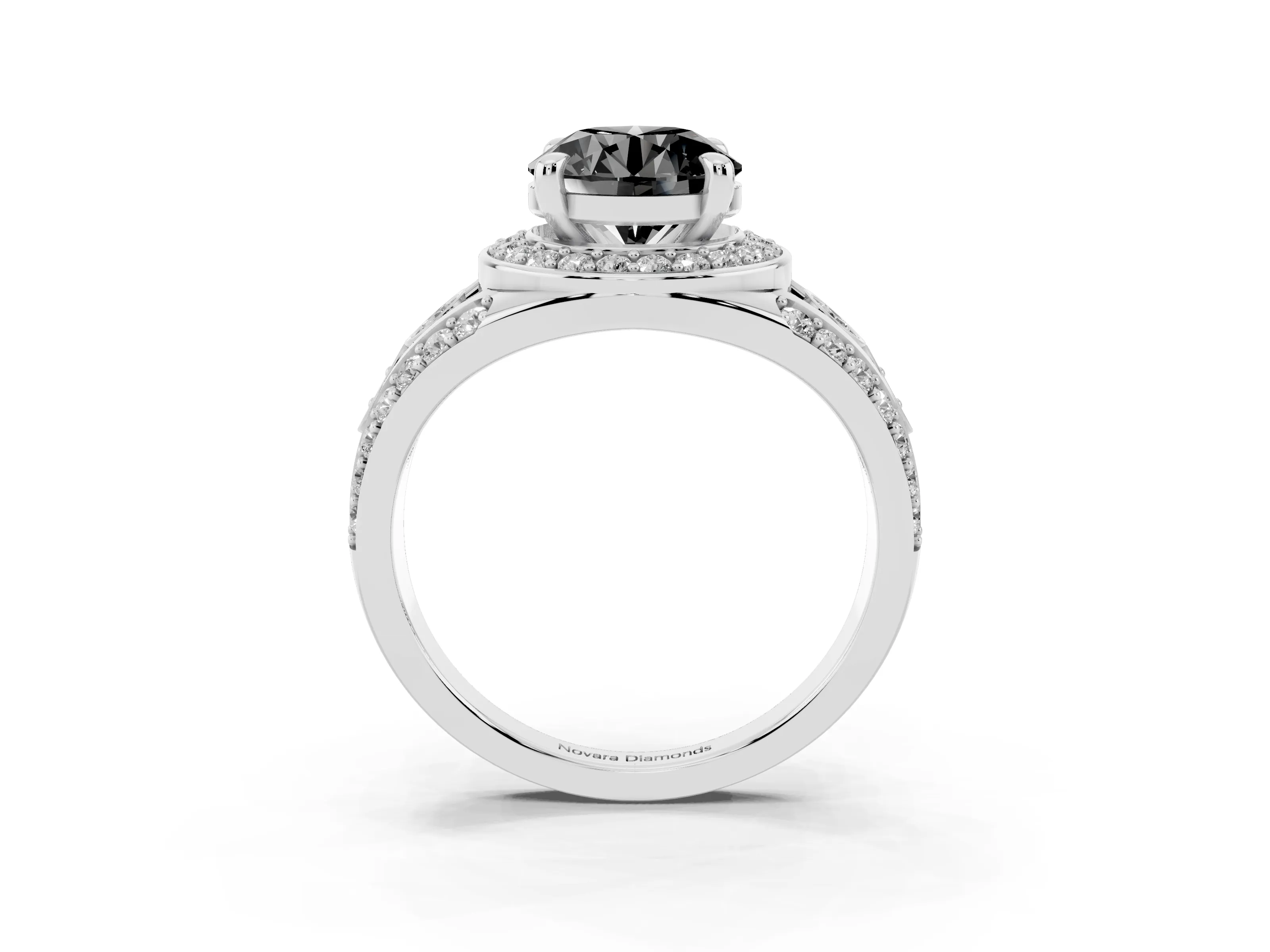 Fancy Black Round Cut Diamond Halo Ring Set in Silver with Pavé Split Shank and Bezel Accents