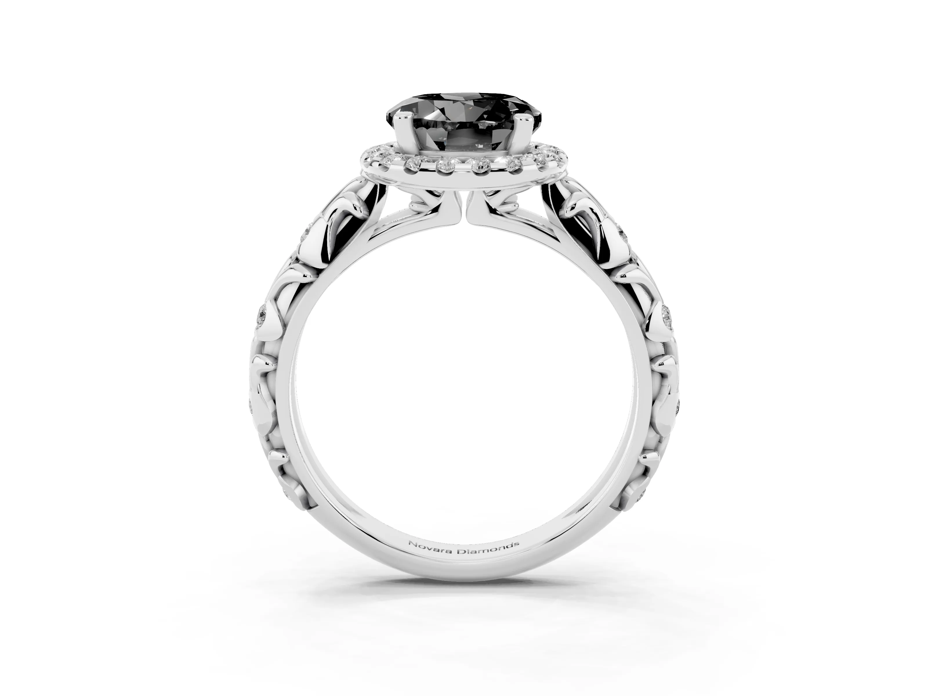 Fancy Black Round Cut Diamond Halo Ring Set in Silver with Filigree Leaf Band and Prong Setting