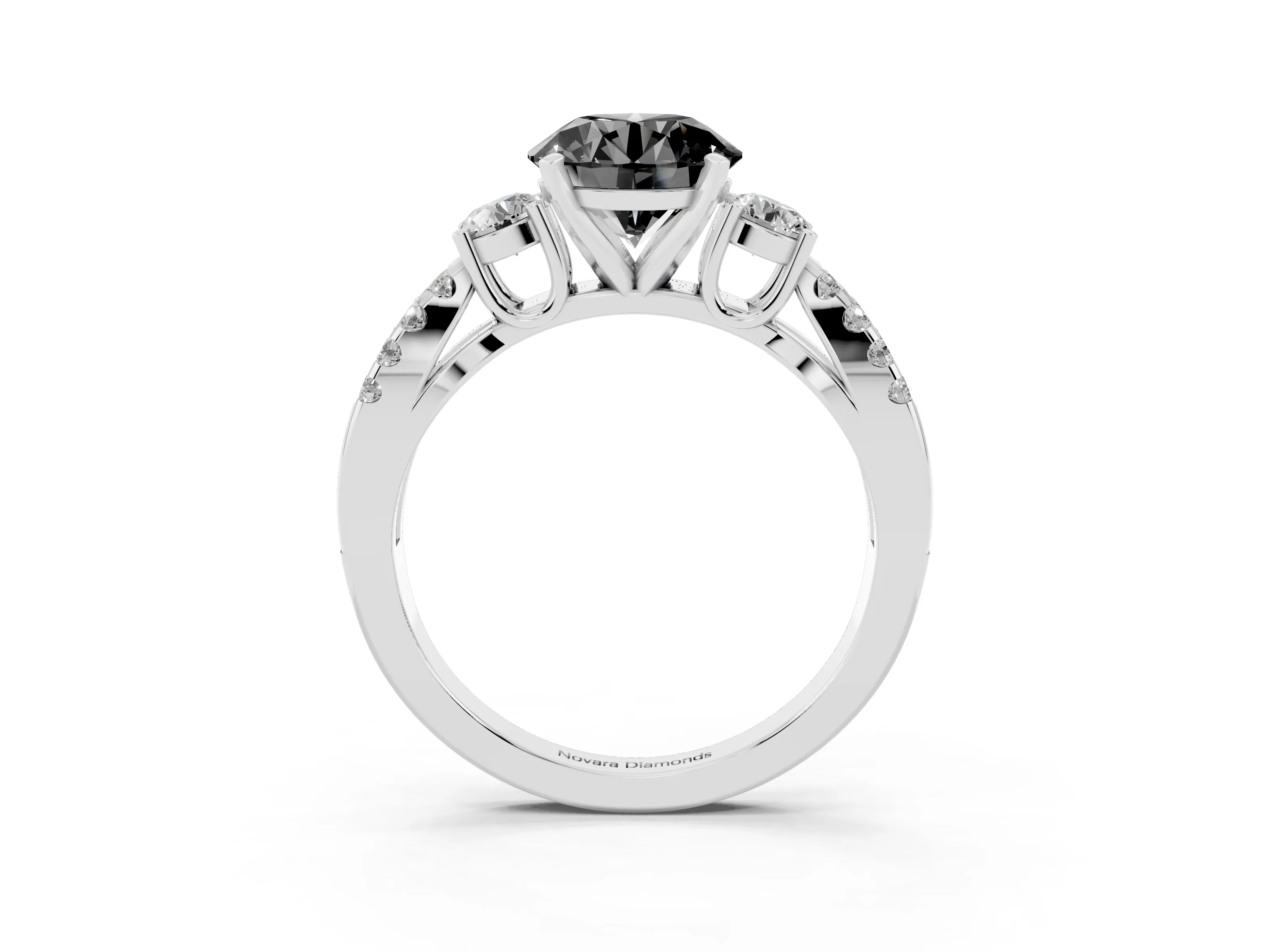 Fancy Black Round Cut Diamond Three-Stone Ring Set in Silver with Pavé Split Shank and Prong Setting