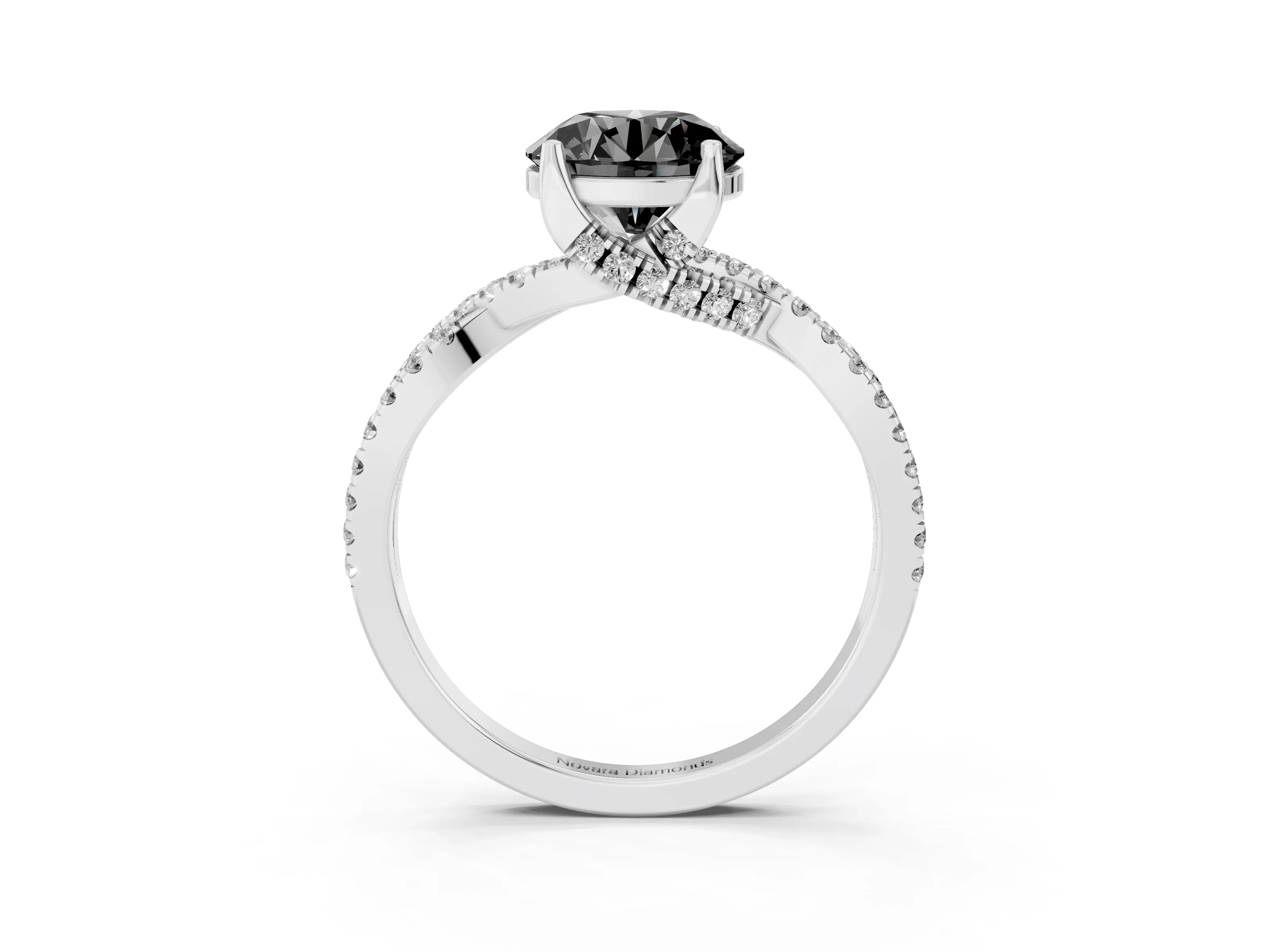 Fancy Black Round Cut Diamond Twist Pavé Solitaire Engagement Ring Set in Silver with Prong Setting