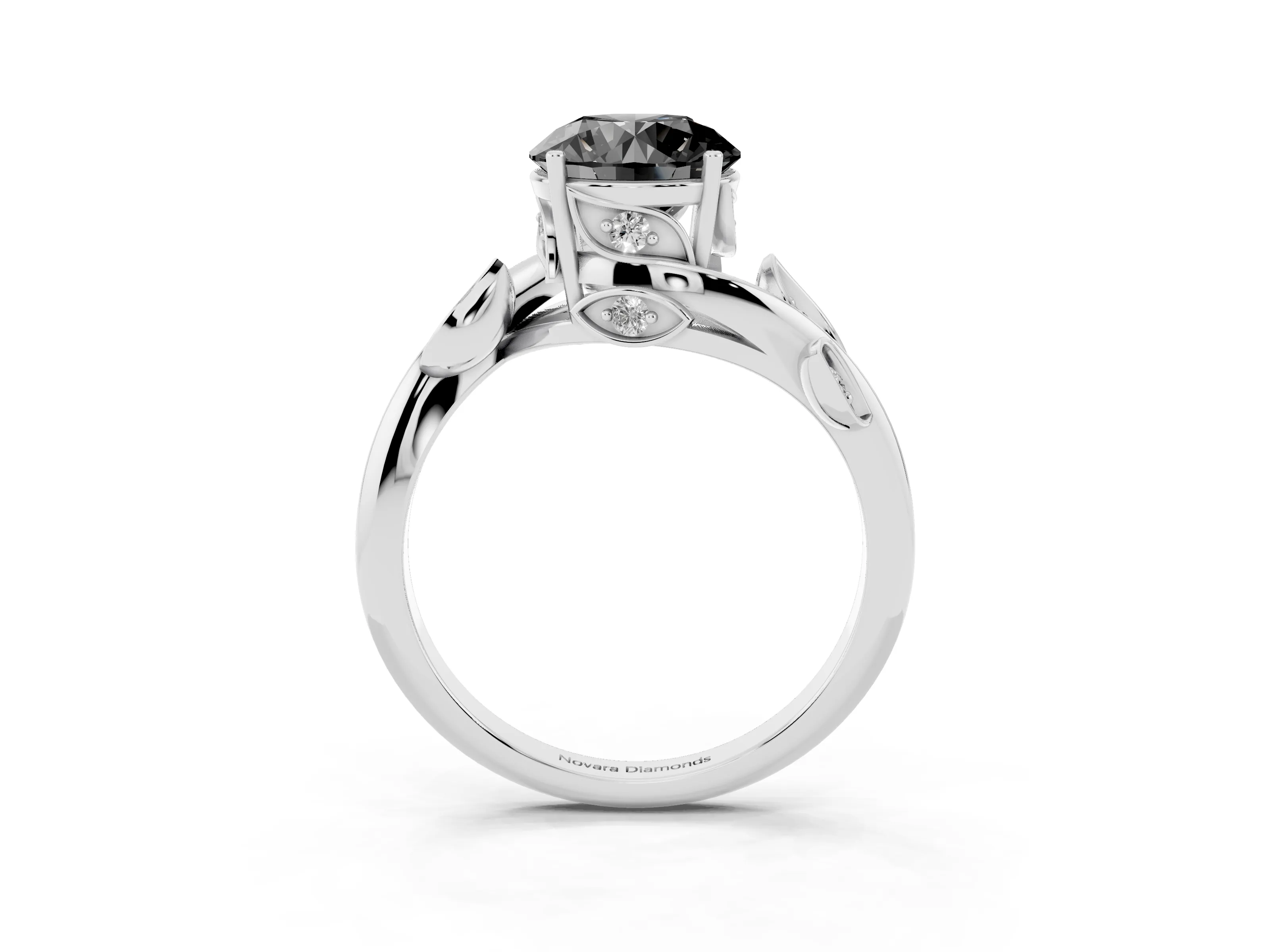 Fancy Black Round Cut Diamond Solitaire Twist Engagement Ring Set in Silver with Pavé Leaf Accents