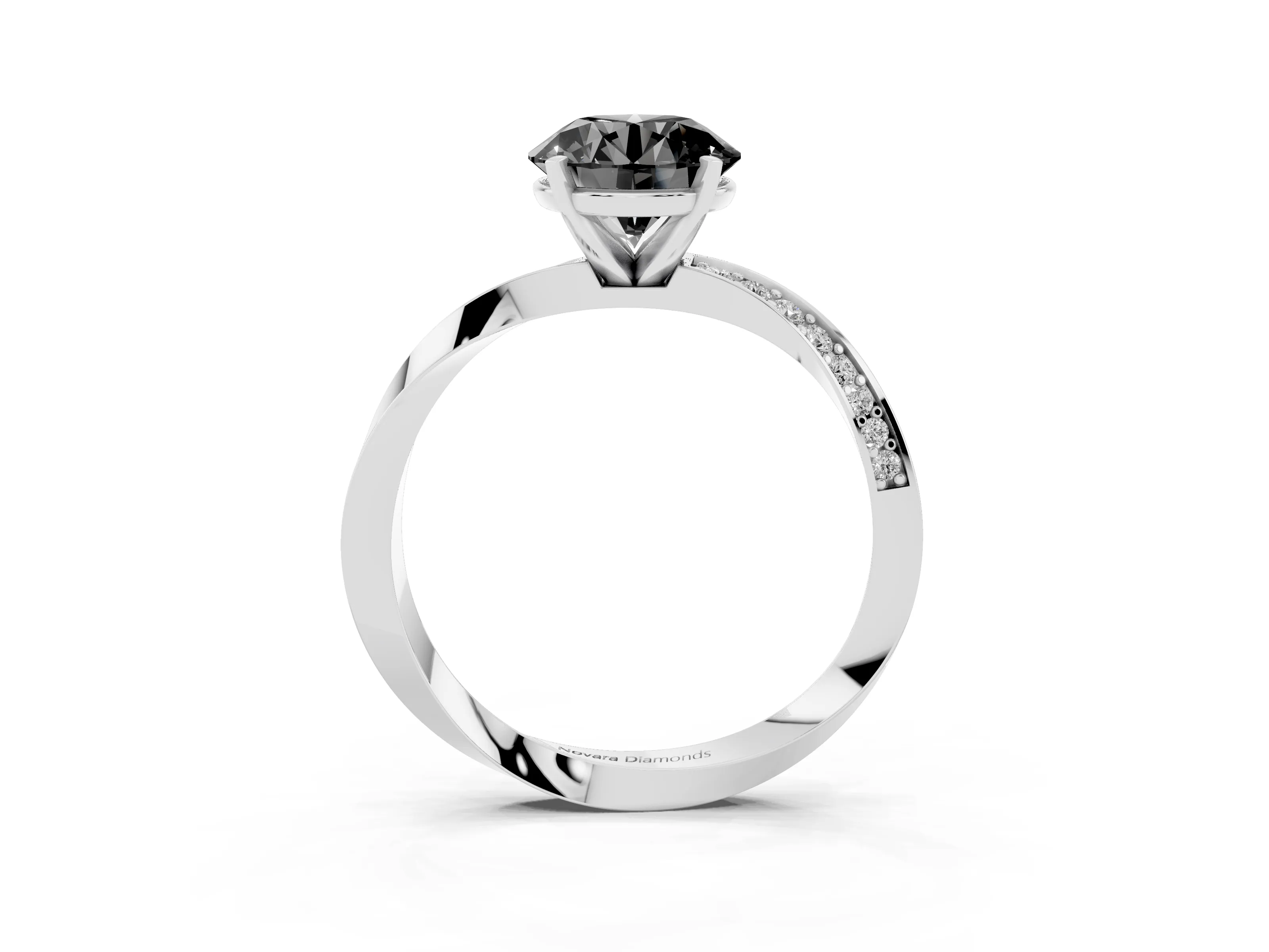 Fancy Black Round Cut Diamond Engagement Ring Set in White gold with Side Stone Accents and Prong Setting