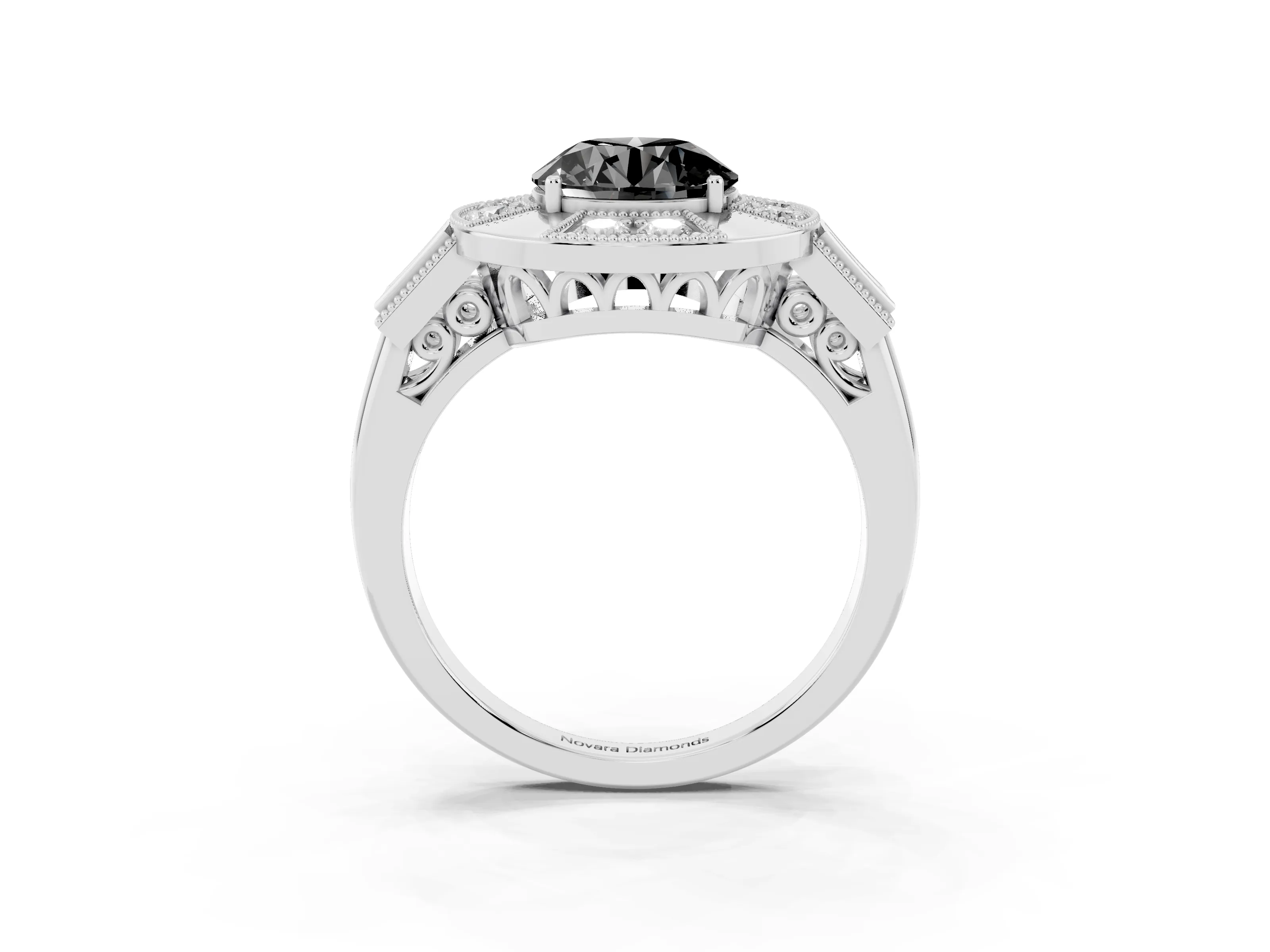 Fancy Black Round Cut Diamond Milgrain Halo Ring Set in Silver with Split Shank