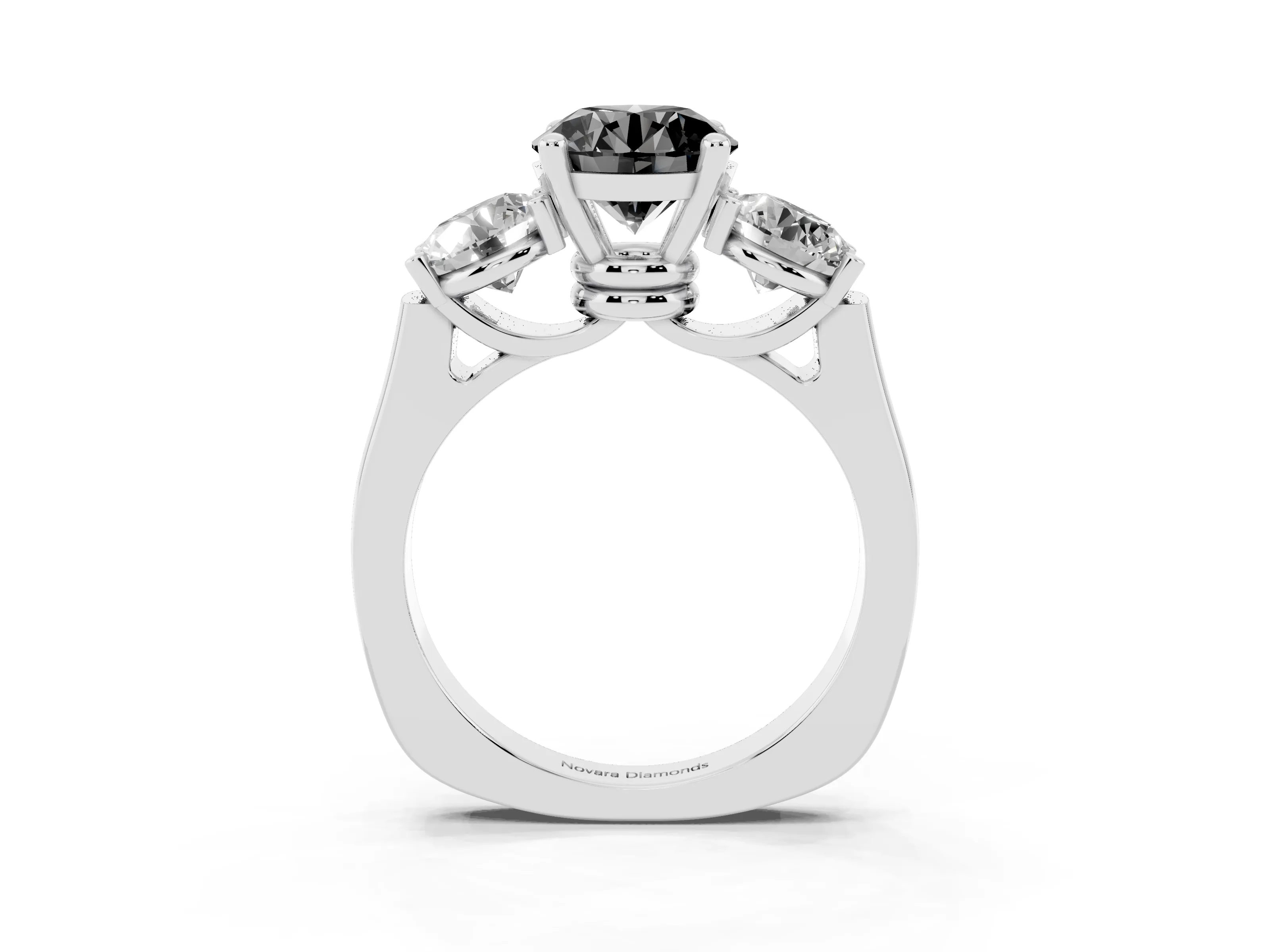 Fancy Black Round Cut Diamond Three-Stone Trellis Ring Set in Platinum with Comfort Fit Band