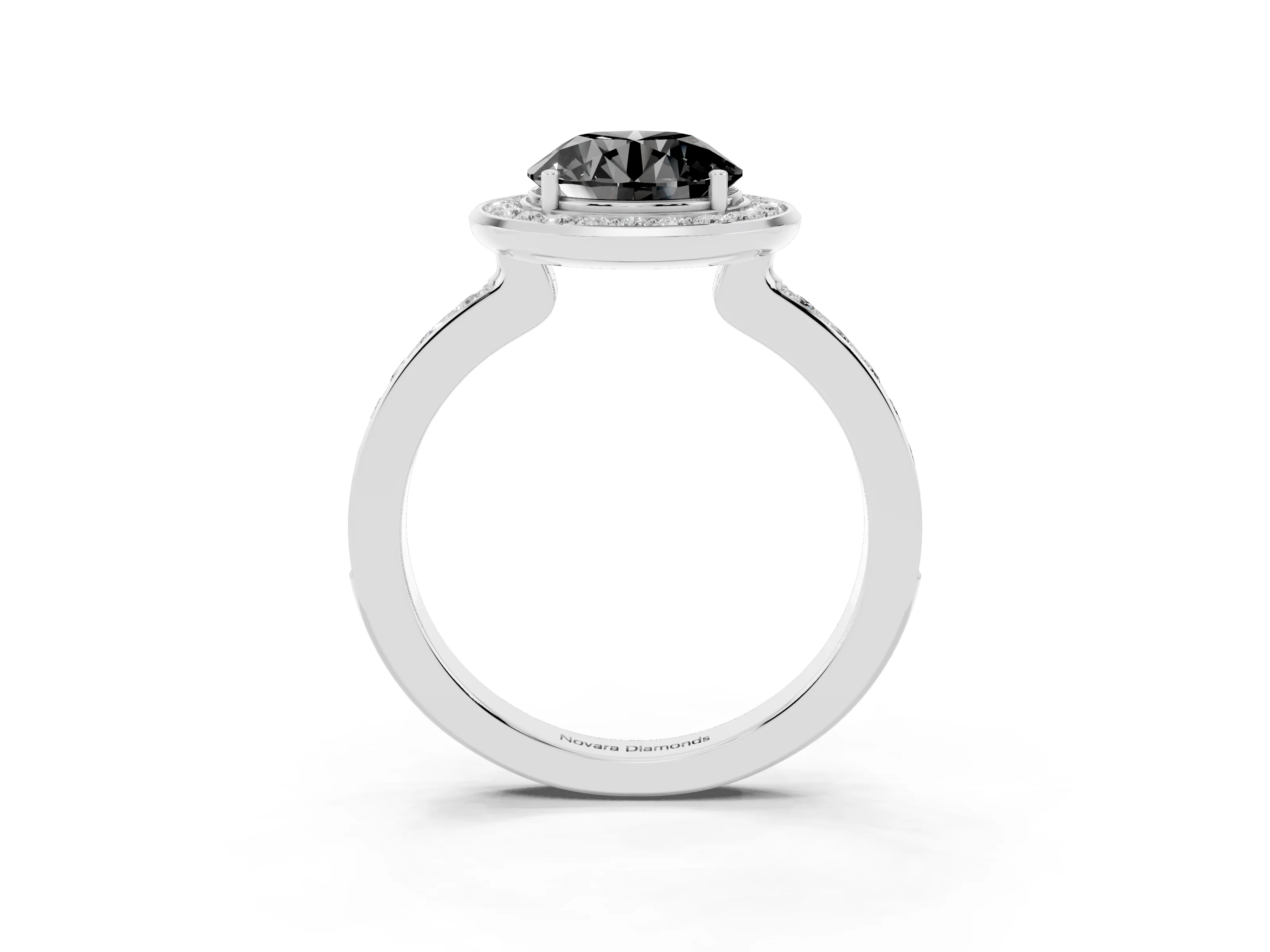 Fancy Black Round Cut Diamond Halo Ring Set in White gold with Bezel Frame and Pavé Band