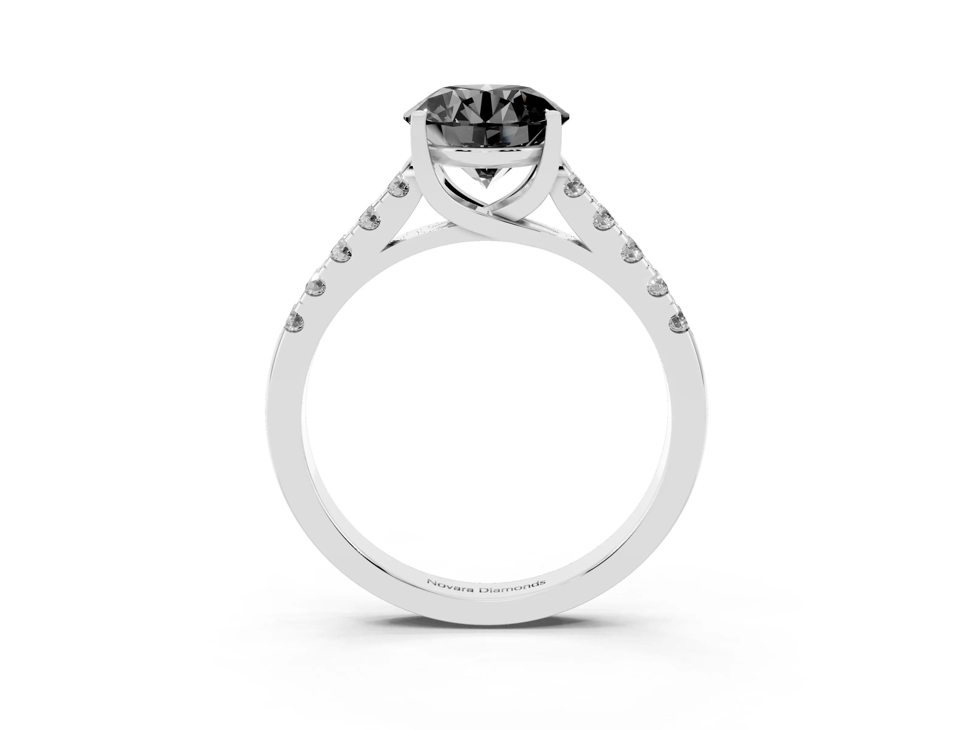 Fancy Black Round Cut Diamond Pavé Band Solitaire Ring Set in White gold with Partway Accent Stones and Prong Setting
