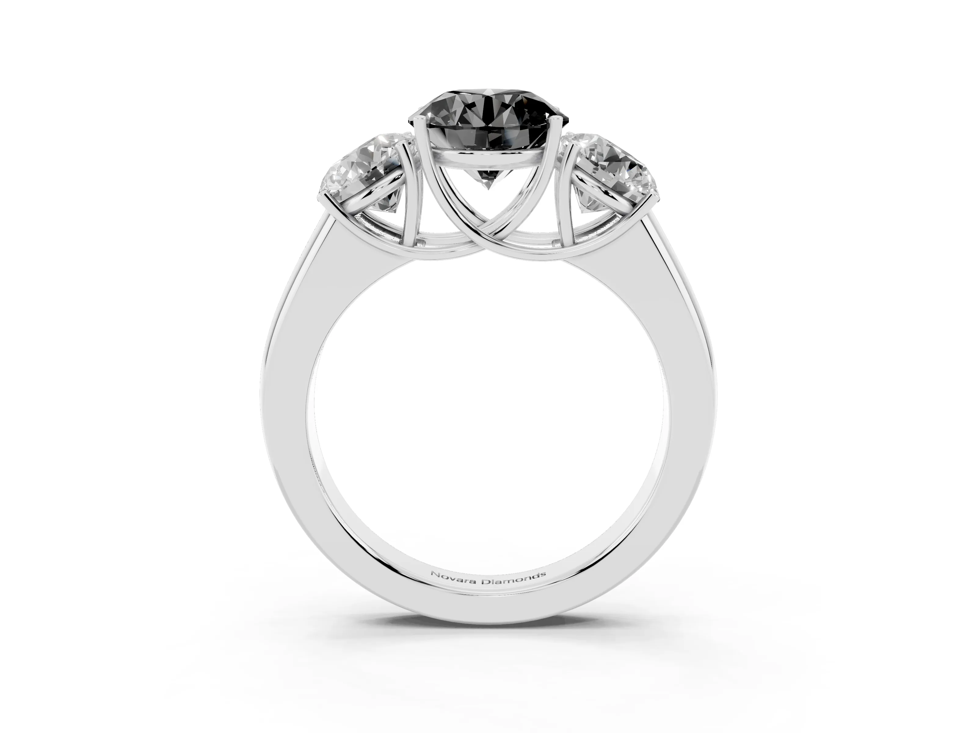 Fancy Black Three-Stone Round Cut Diamond Ring Set in Platinum with Matching Prong Settings and Plain Band