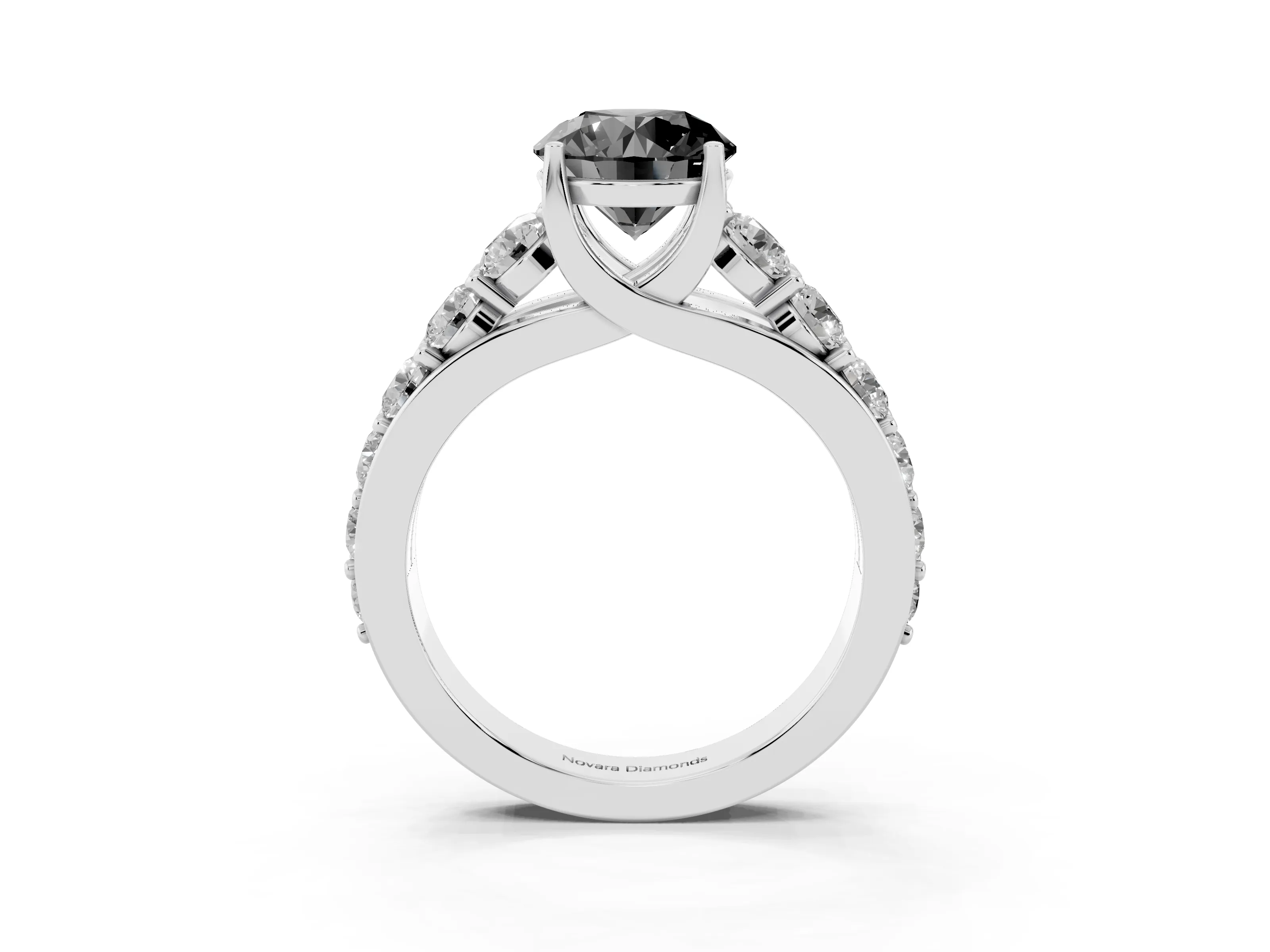 Fancy Black Round Cut Diamond Pavé Engagement Ring Set in Silver with Prong Setting