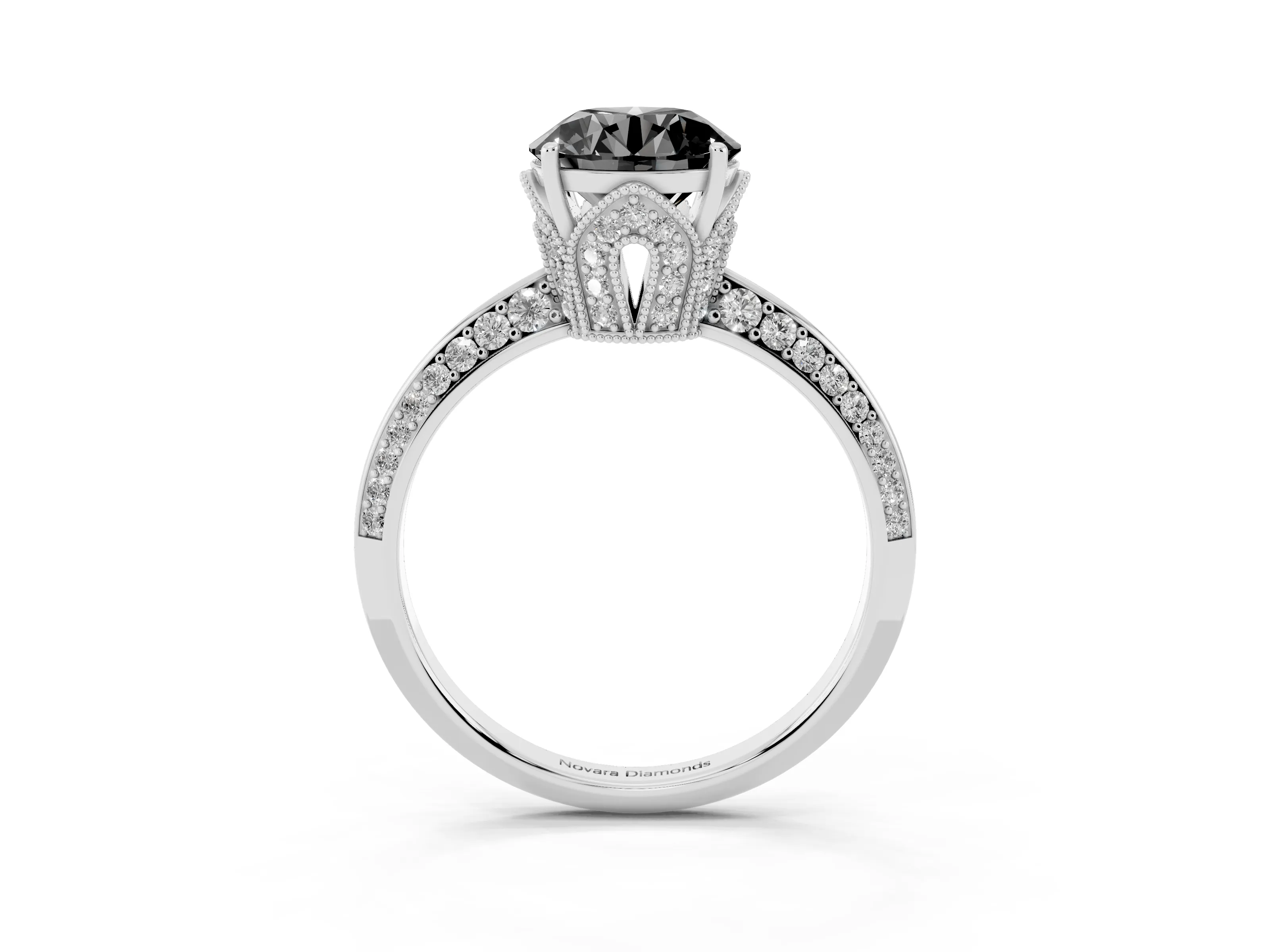 Fancy Black Round Cut Diamond Solitaire Engagement Ring Set in Silver with Pavé Split Shank and Prong Setting