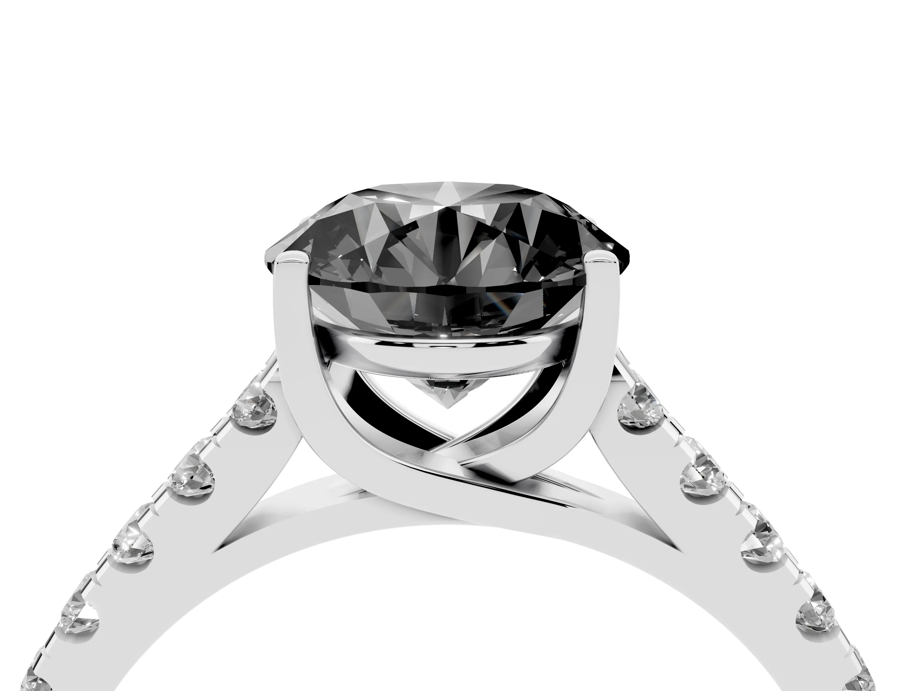 Fancy Black Round Cut Diamond Pavé Band Solitaire Ring Set in White gold with Partway Accent Stones and Prong Setting