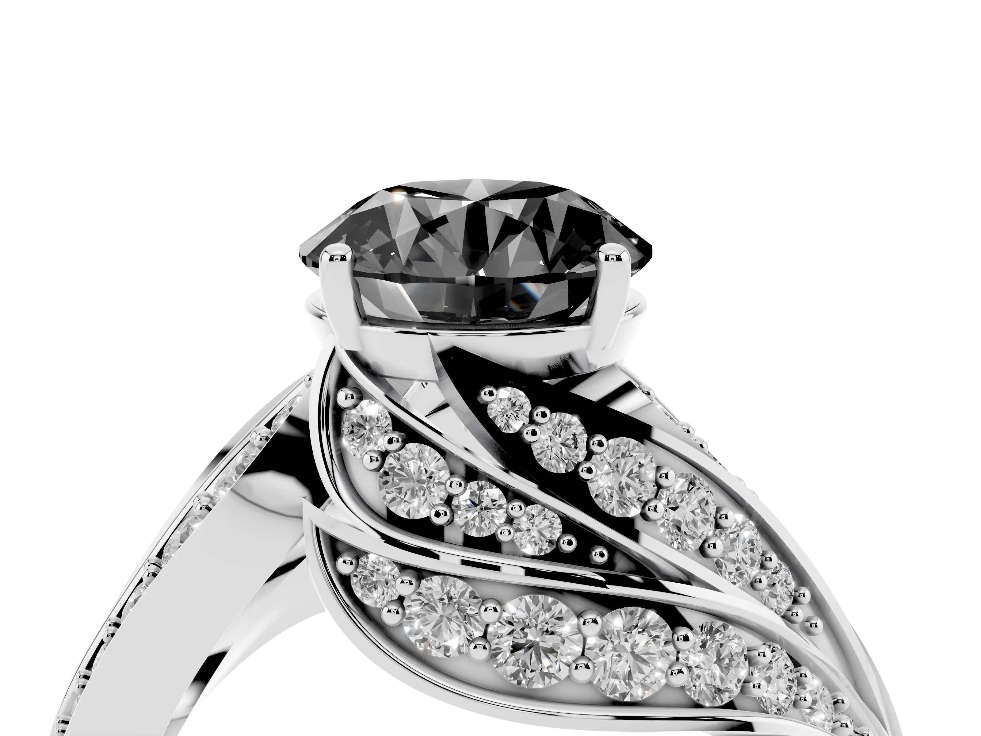 Fancy Black Round Cut Diamond Solitaire Ring Set in Silver with Layered Twist Pavé Band