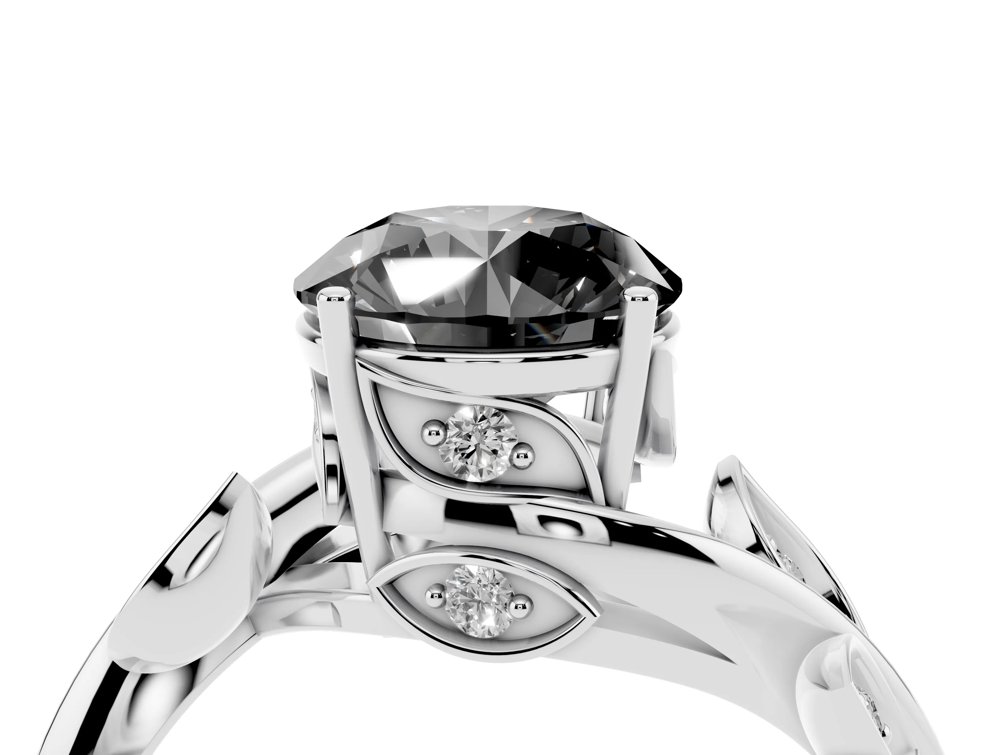 Fancy Black Round Cut Diamond Solitaire Twist Engagement Ring Set in Silver with Pavé Leaf Accents