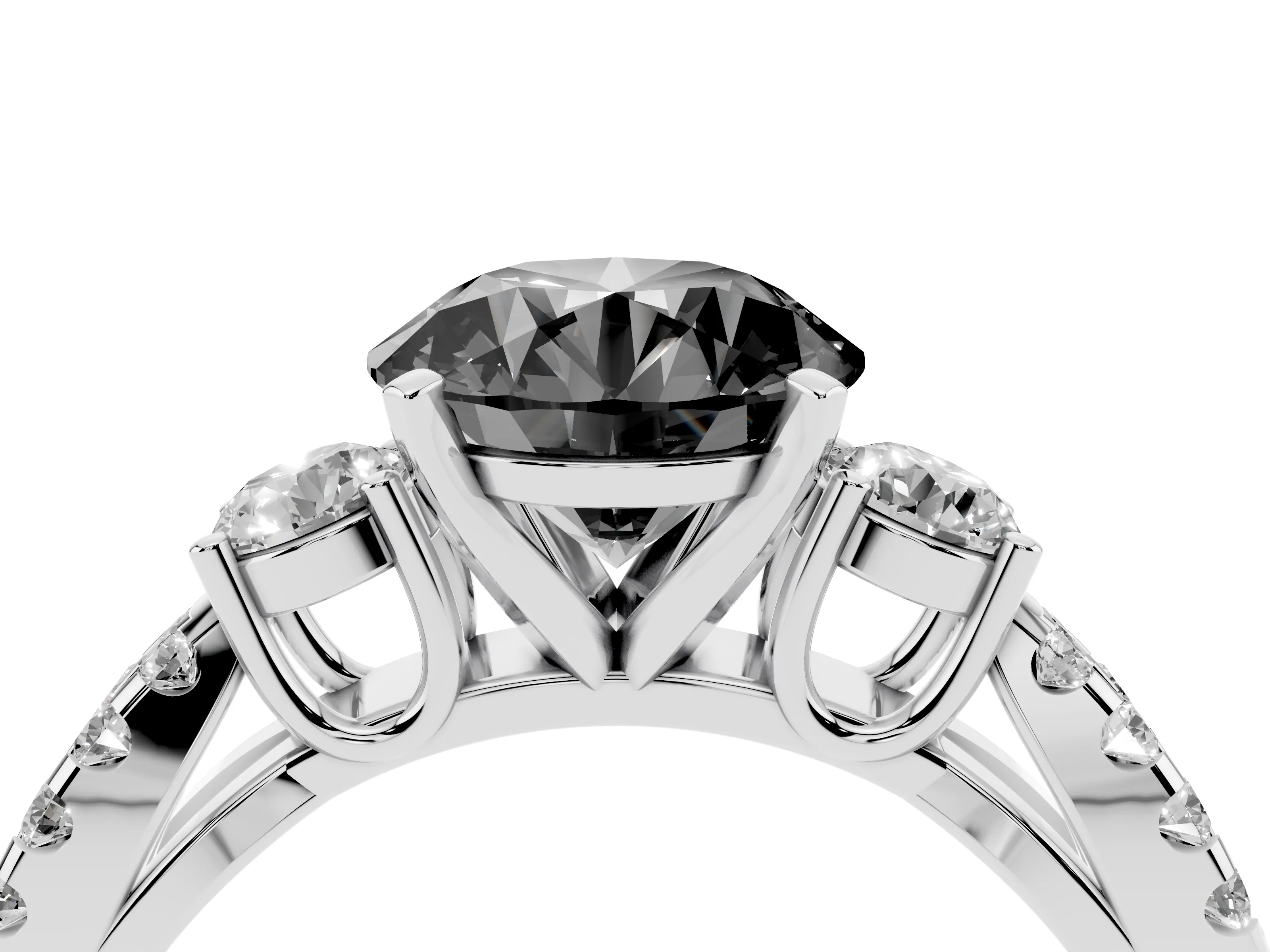 Fancy Black Round Cut Diamond Three-Stone Ring Set in Silver with Pavé Split Shank and Prong Setting