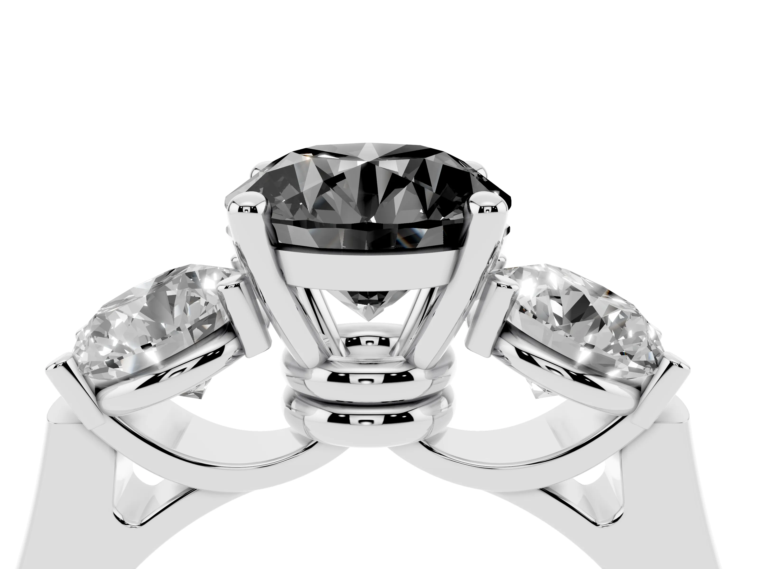 Fancy Black Round Cut Diamond Three-Stone Trellis Ring Set in Platinum with Comfort Fit Band