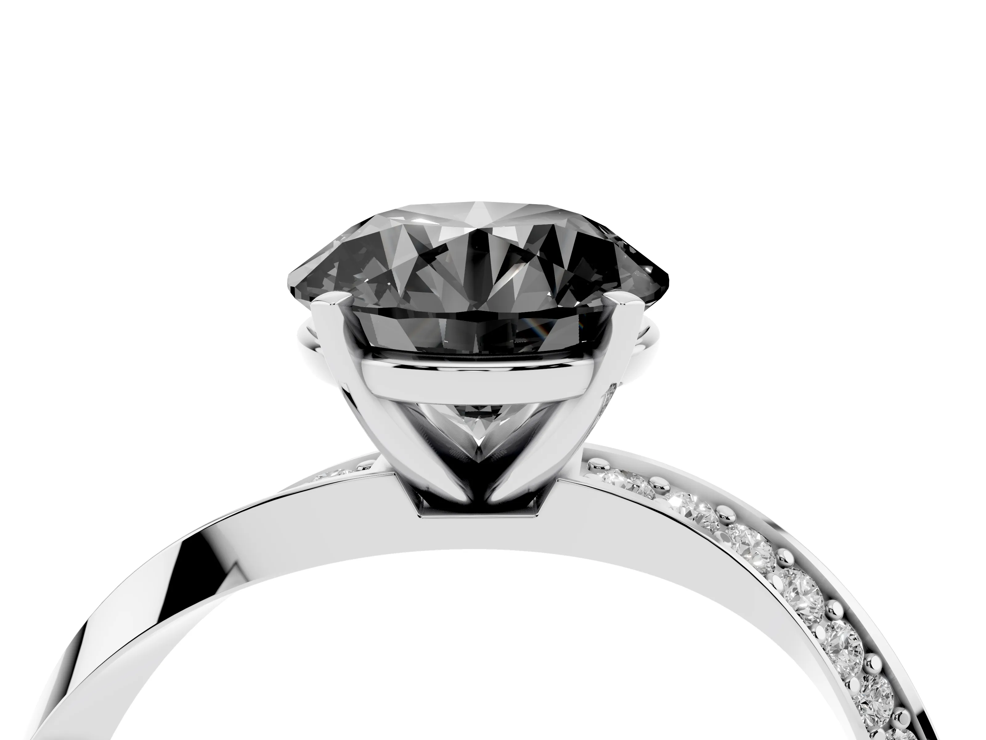 Fancy Black Round Cut Diamond Engagement Ring Set in White gold with Side Stone Accents and Prong Setting