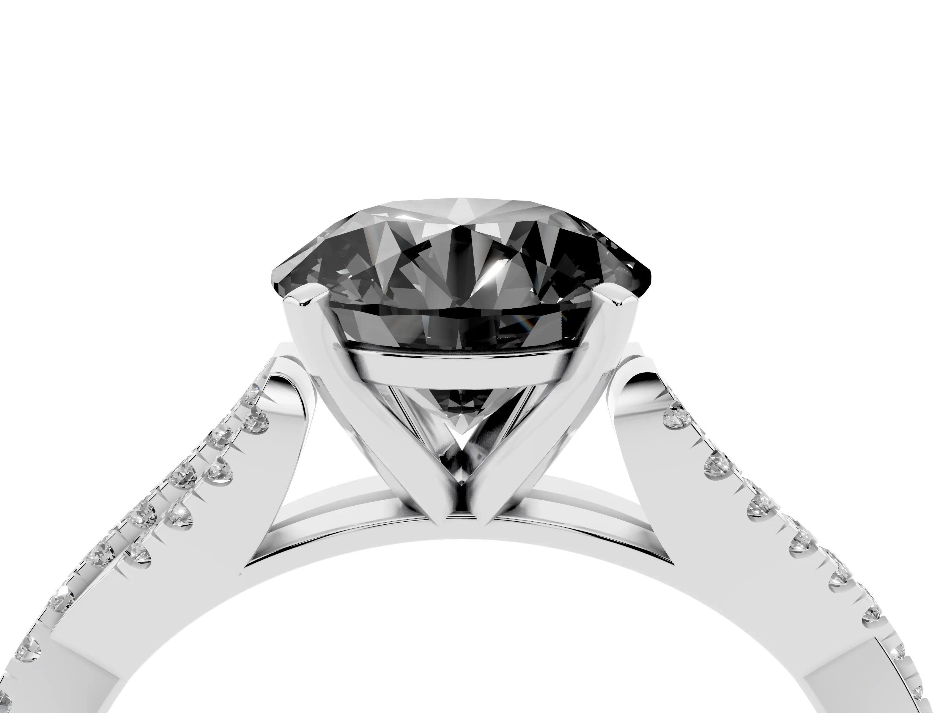 Fancy Black Round Cut Diamond Solitaire Engagement Ring Set in White gold with Twisted Pavé Band and Prong Setting