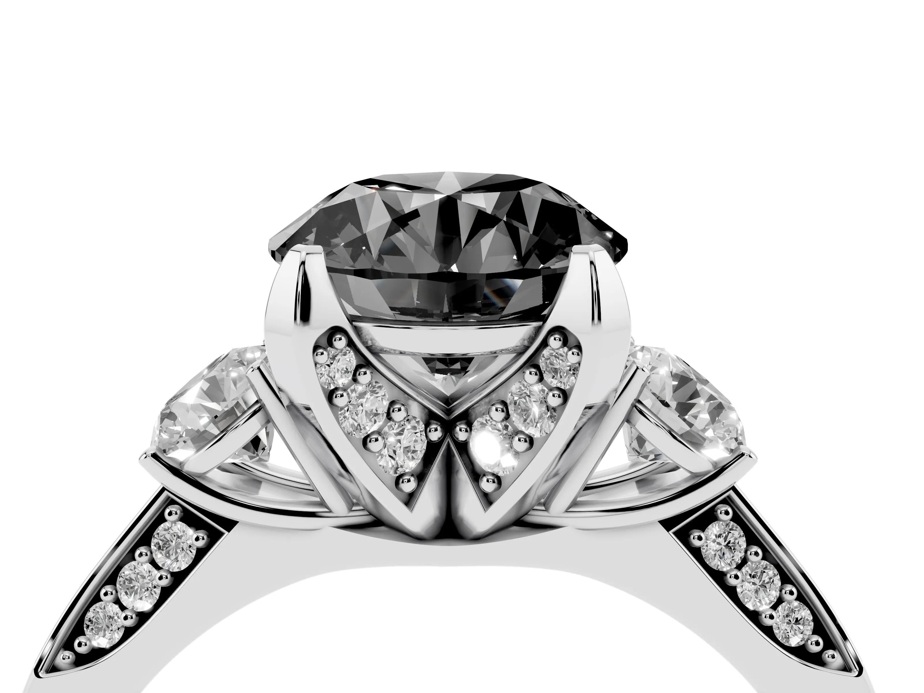 Fancy Black Round Cut Diamond Three-Stone Ring Set in Platinum with Pavé Band and Smaller Side Stones