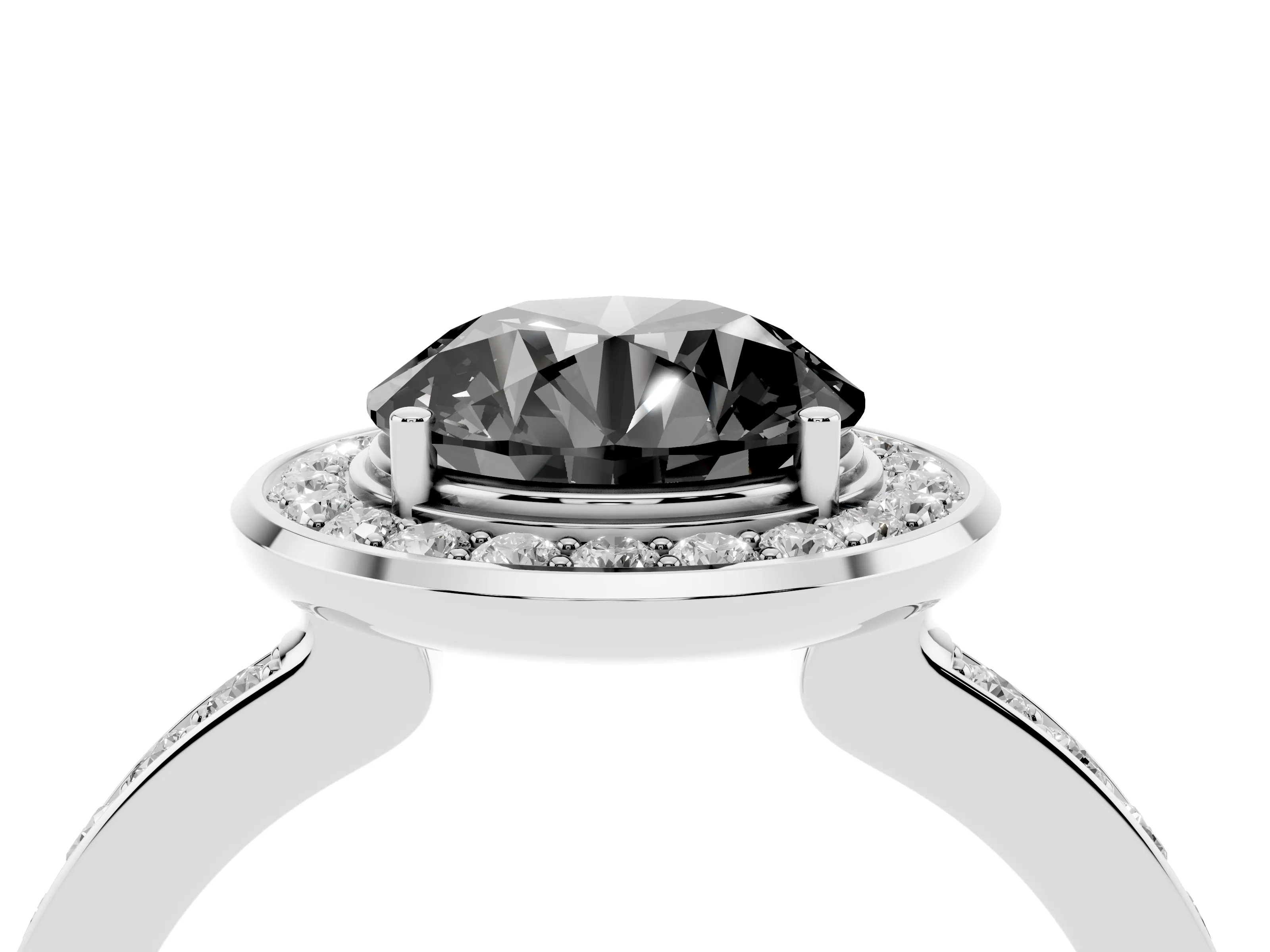 Fancy Black Round Cut Diamond Halo Ring Set in White gold with Bezel Frame and Pavé Band