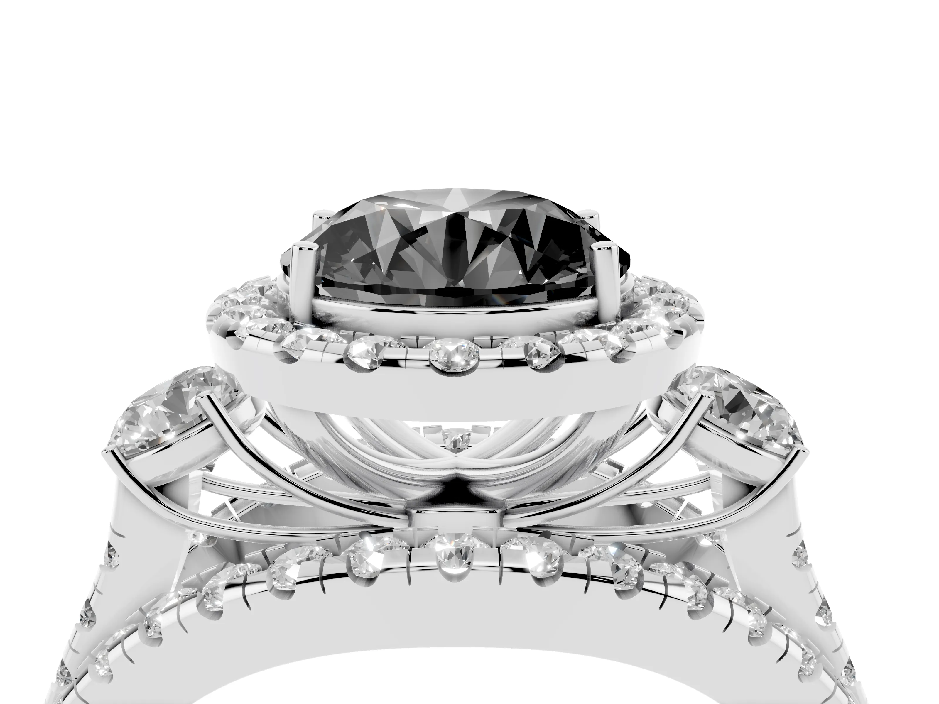 Fancy Black Round Cut Diamond Halo Split Shank Ring Set in Silver with Round Accent Stones and Prong Setting