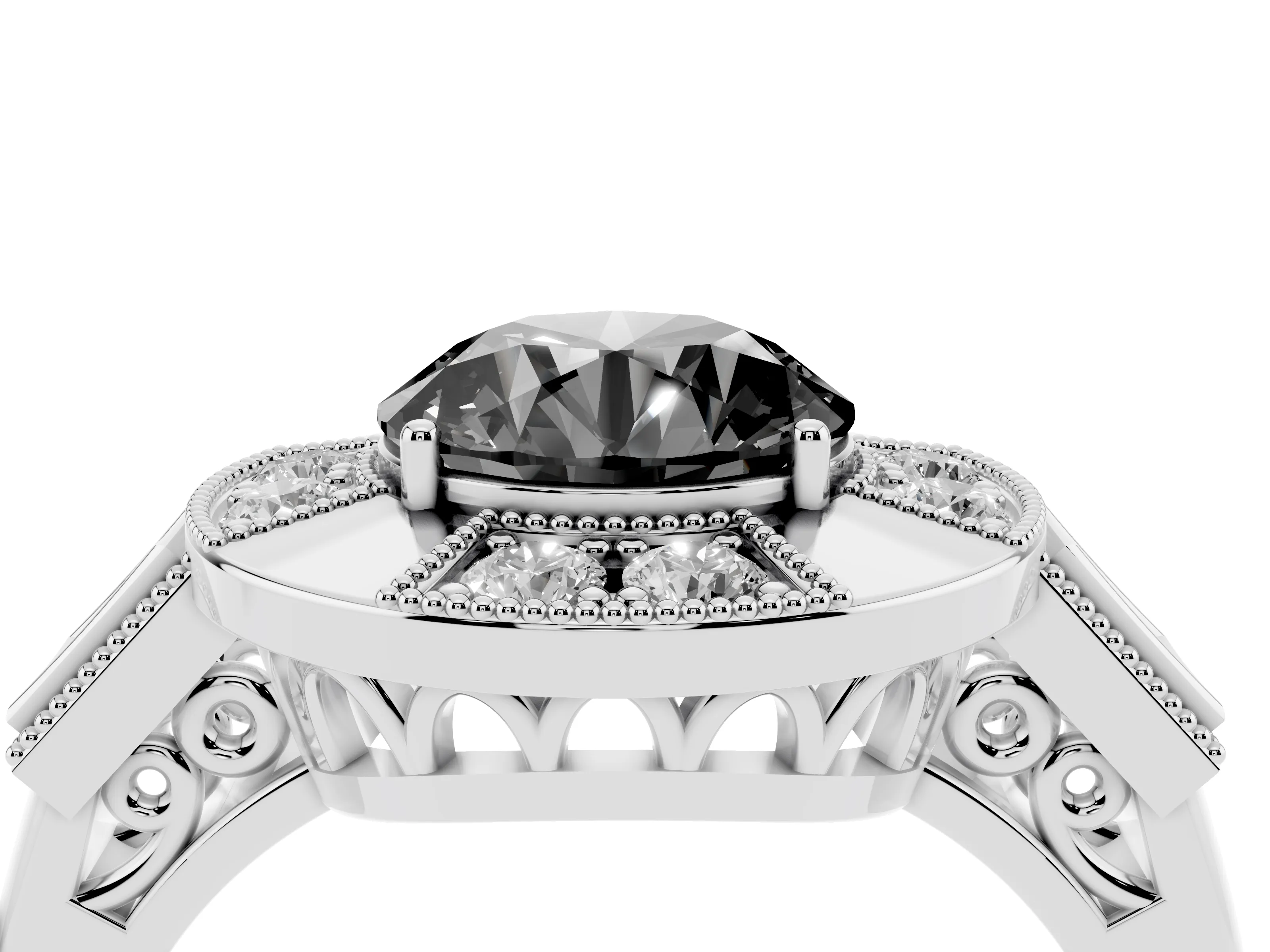 Fancy Black Round Cut Diamond Milgrain Halo Ring Set in Silver with Split Shank