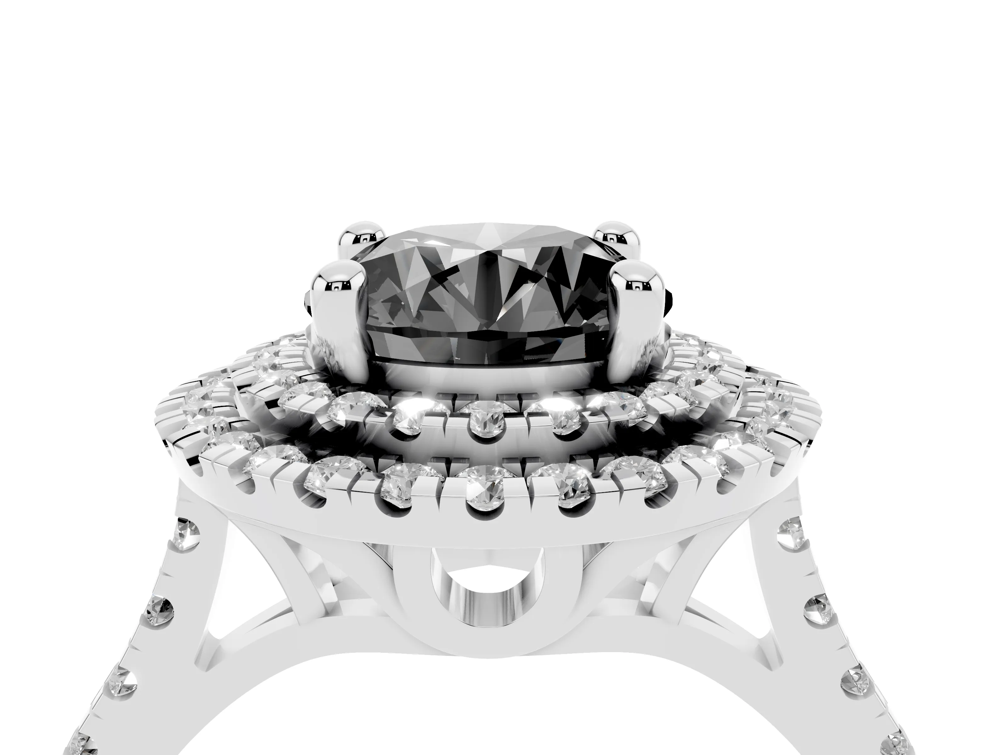 Fancy Black Round Cut Diamond Double Halo Statement Ring Set in Silver with Pavé Band
