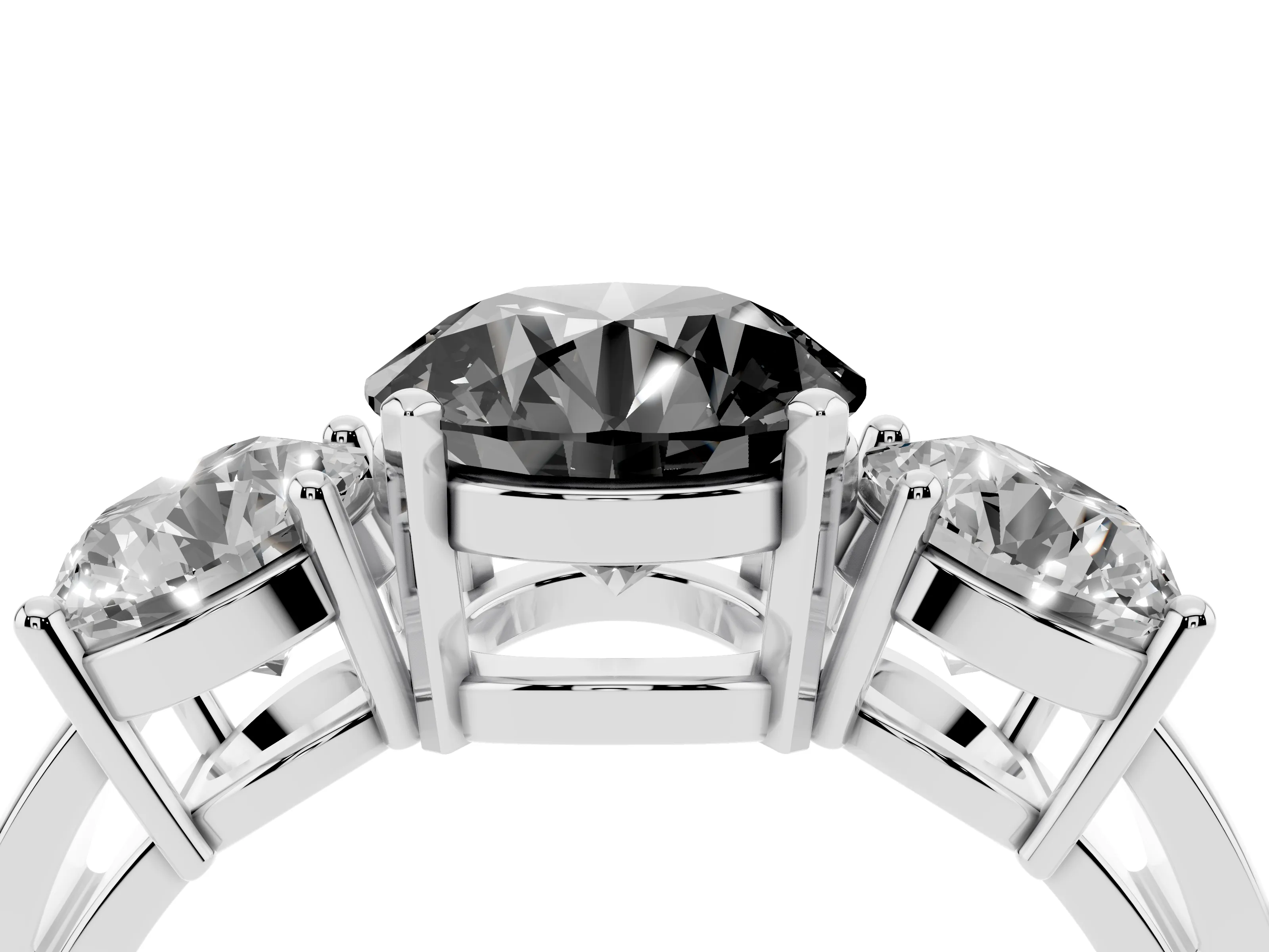 Fancy Black Round Cut Diamond Three-Stone Ring Set in Silver with Round Side Stones and Classic Band