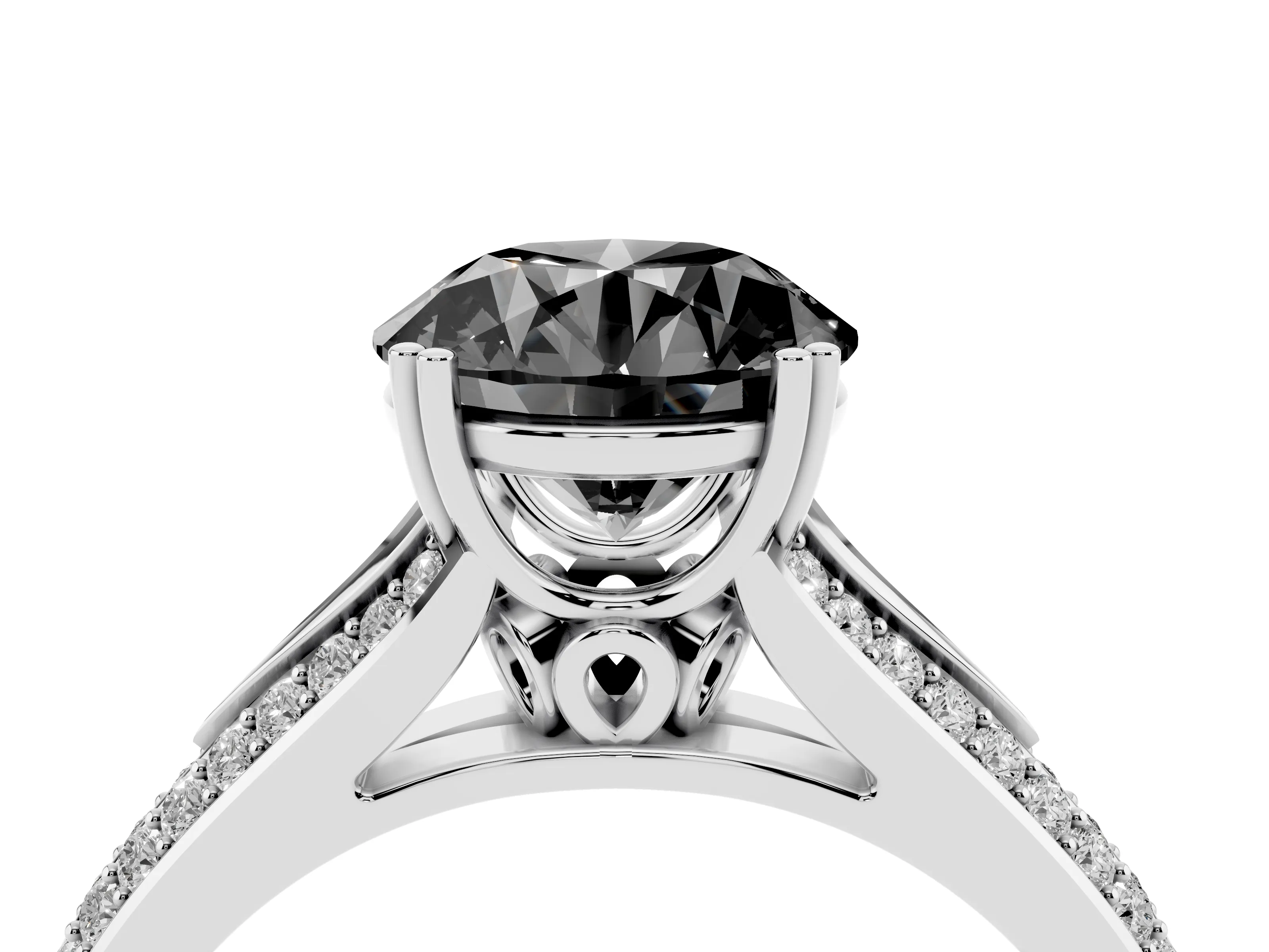 Fancy Black Round Cut Diamond Split Shank Pavé Engagement Ring Set in Platinum with Prong-Set Center Stone