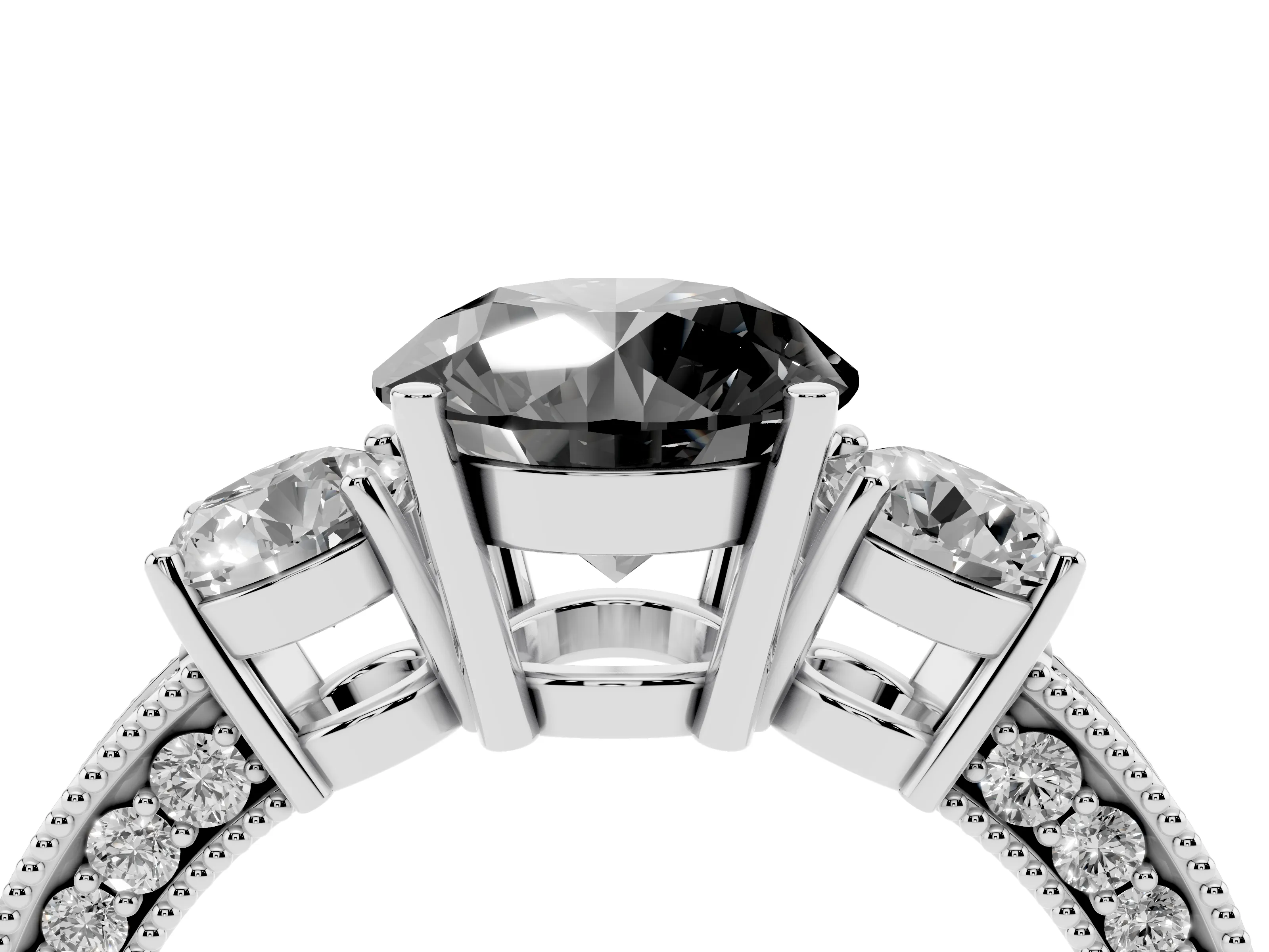 Fancy Black Round Cut Diamond Three-Stone Ring Set in Platinum with Round Side Stones and Pavé Band
