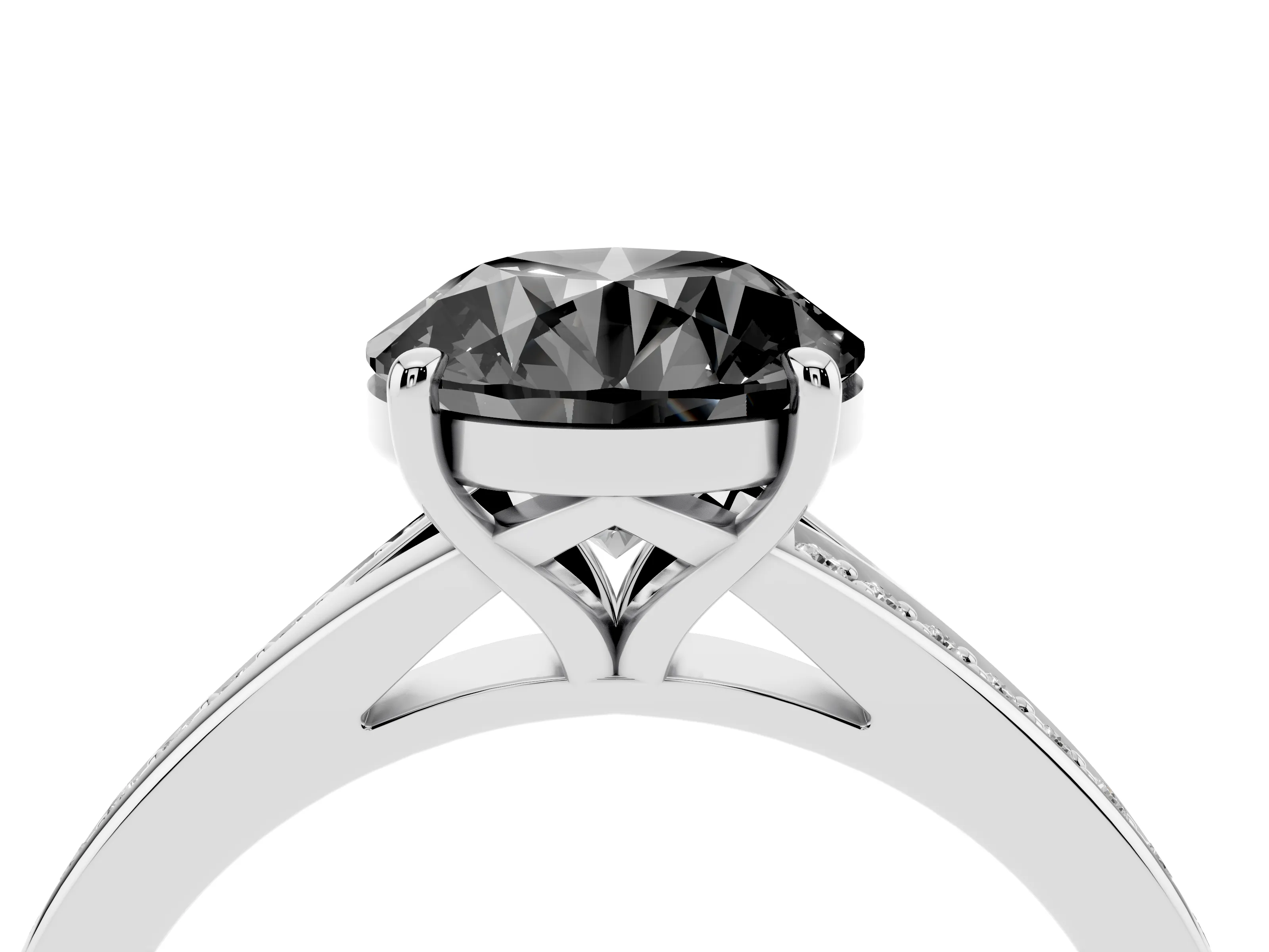 Fancy Black Round Cut Diamond Solitaire Ring Set in Platinum with Pavé Accent Band and Classic Prong Setting