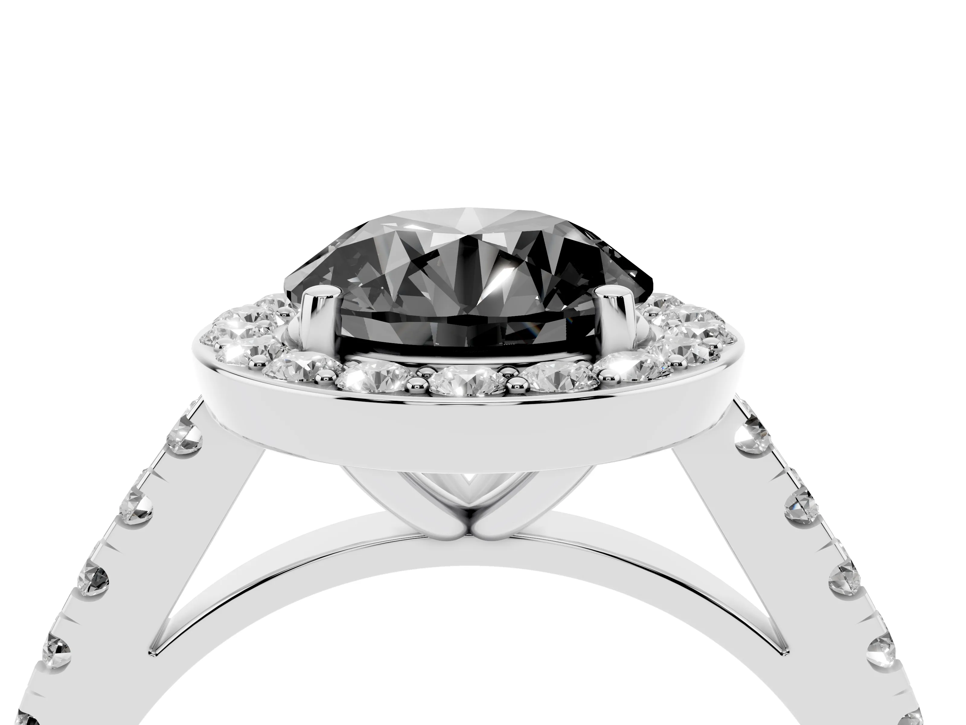 Fancy Black Round Cut Diamond Halo Ring Set in White gold with Round Pavé Split Shank and Prong Setting